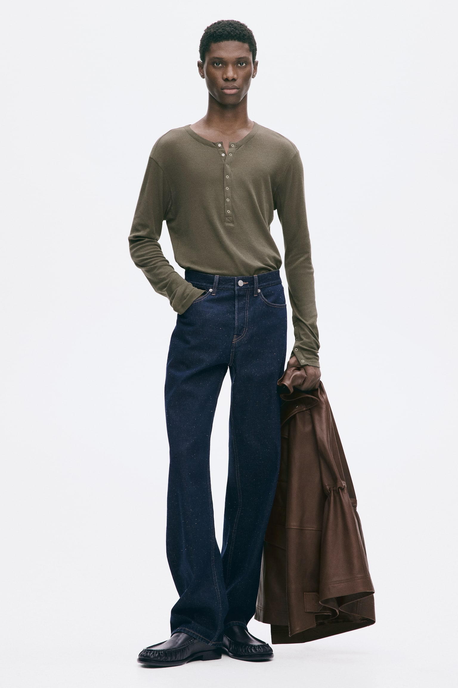 Slim Fit Cotton Henley top - Dark khaki green/Dark brown/Black/Light grey - 1