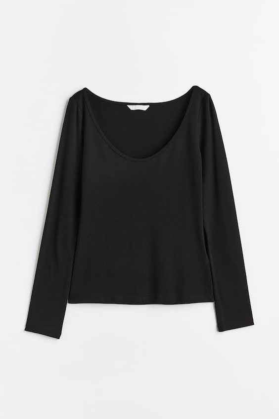 Jersey top - Deep neckline - Long sleeve - Black - Ladies | H&M GB