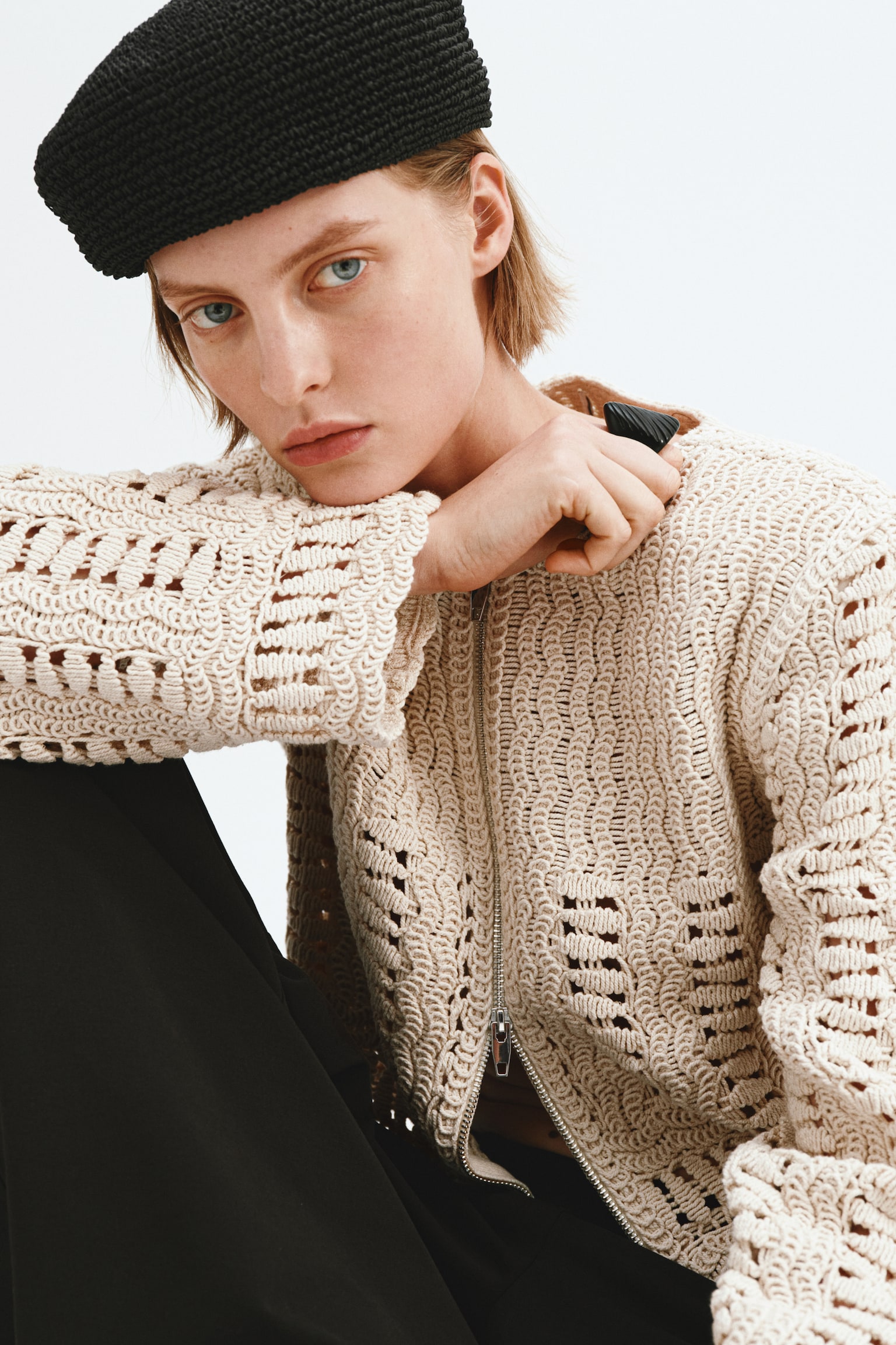 Crochet-look cotton jacket - Cream - 3