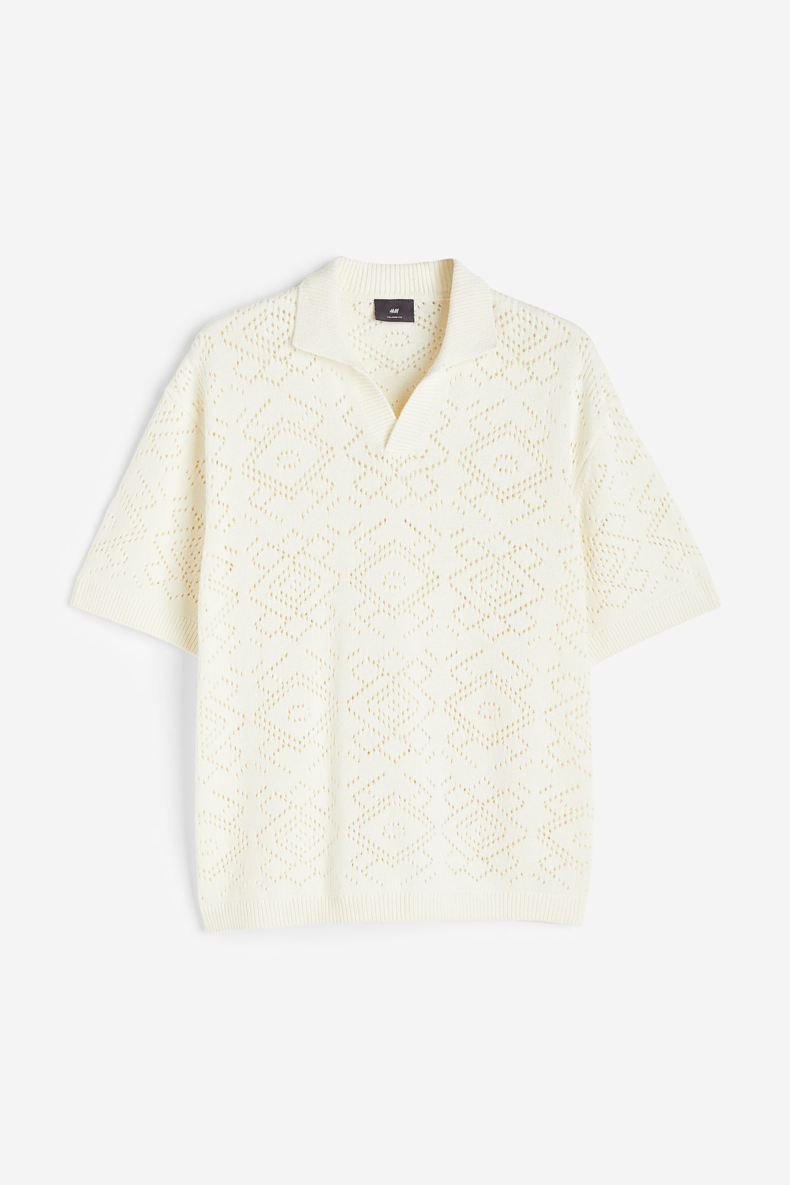 Relaxed Fit Crochet-look polo shirt - Cream/Black - 1