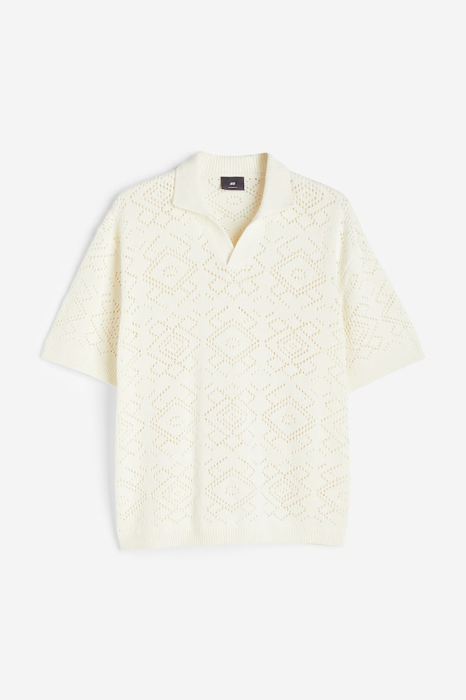 Relaxed Fit Crochet-look polo shirt - Cream/Black - 2