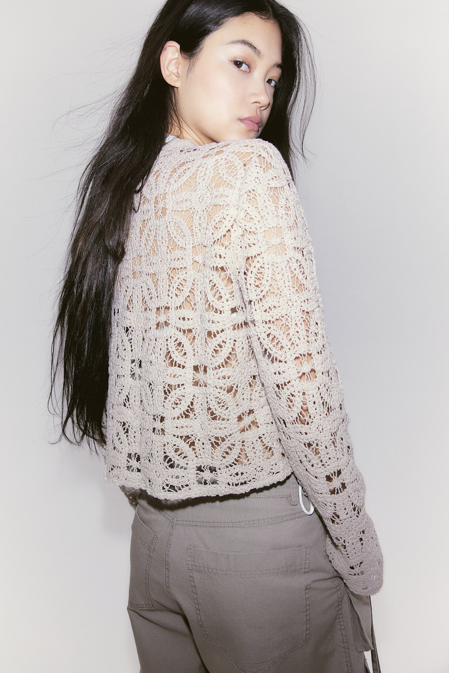 Crochet Look Cardigan - Light beige/Natural white - 3