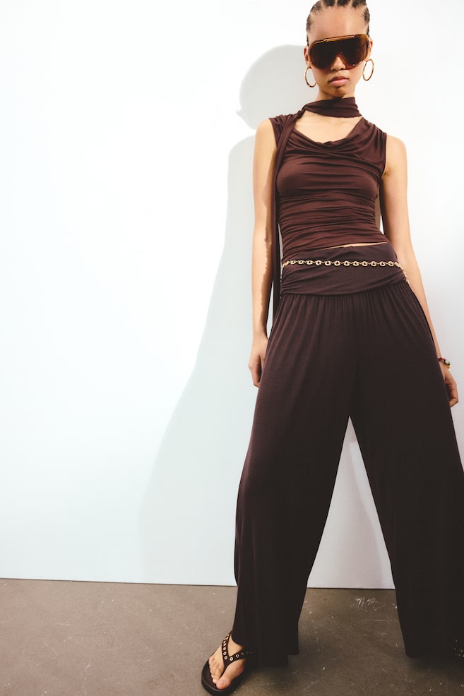 Gathered Viscose Pants - Dark brown/Dark orange - 1