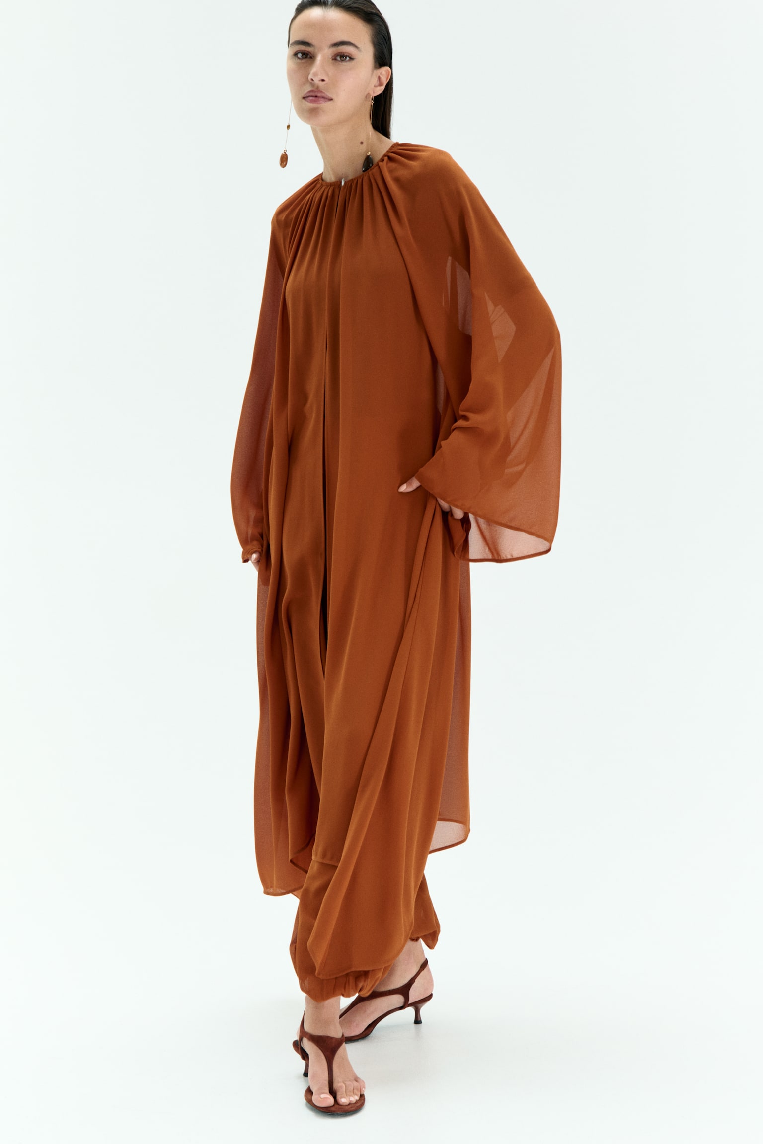 Caftan froncé en mousseline - Marron - 5