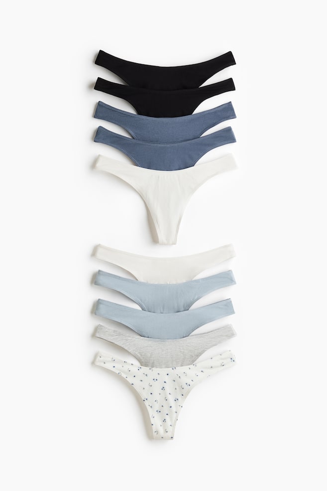 Pack de 10 bragas thong de algodón - Azul/Floral/Rosa pálido/Gris jaspeado/Burdeos/Beige claro jaspeado/Negro/Rosa claro/Rosa oscuro/Blanco/Topo jaspeado - 1
