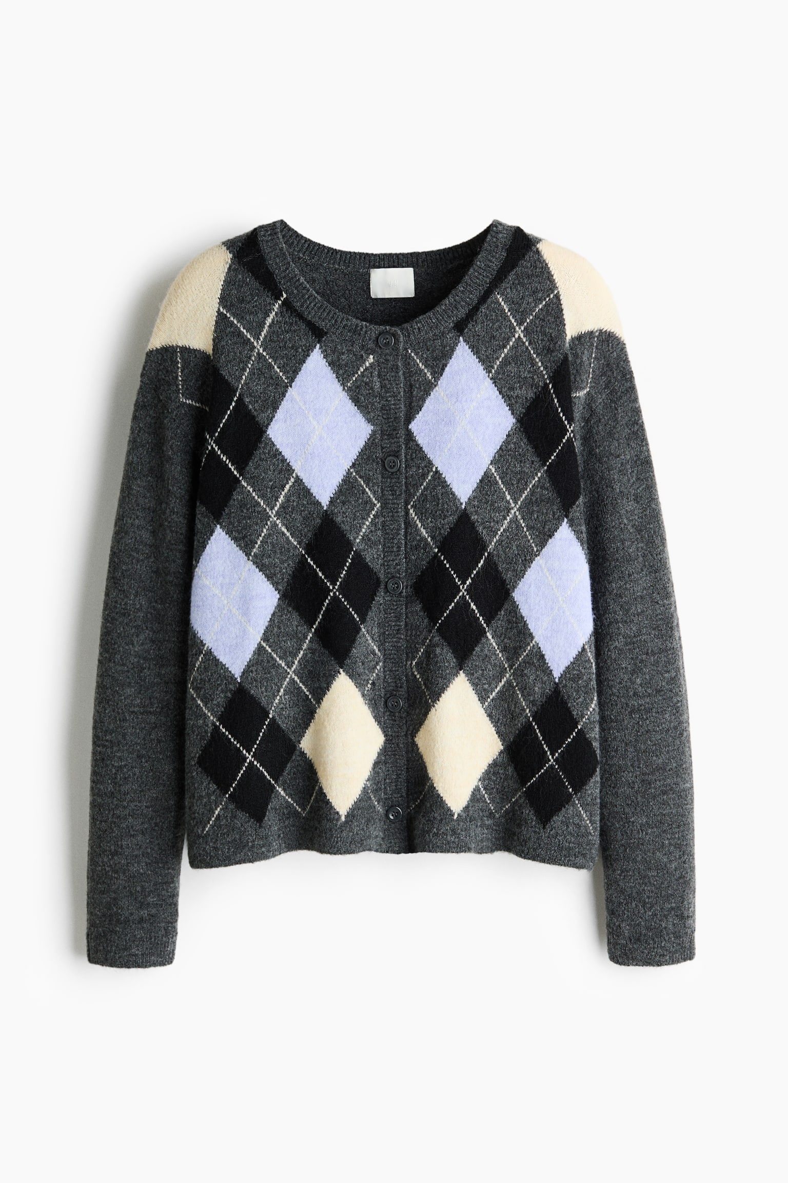 ジャカードニットカーディガン - ダークグレーメランジ／アーガイルパターン/ネイビーブルー／アーガイルパターン