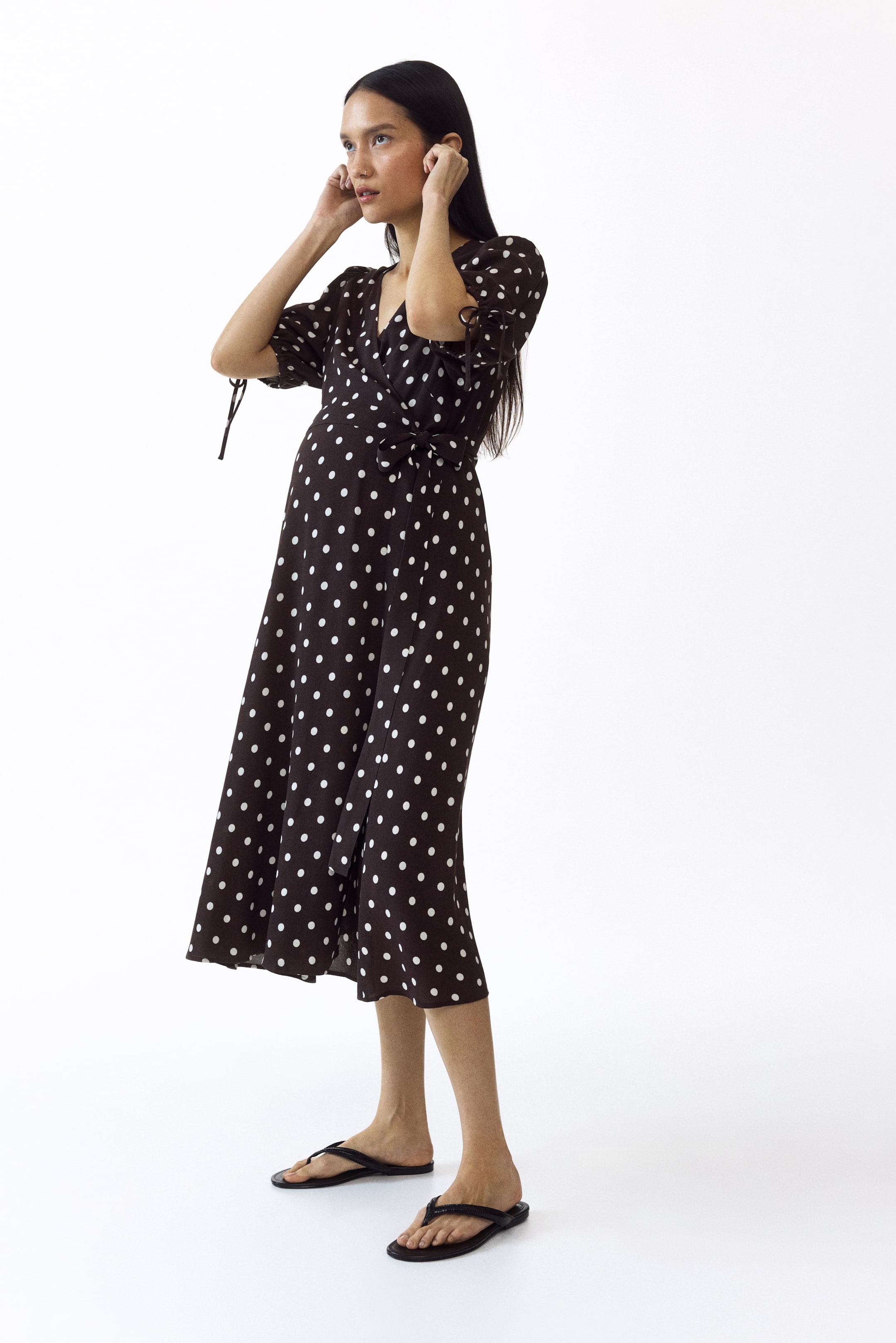 View larger image: MAMA Puff-sleeved wrap dress - Dark brown/Polka dot - Ladies | H&M 1