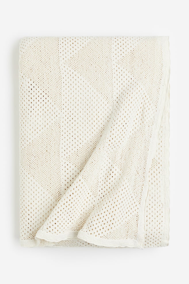 Sengetæppe i bomuld med hæklet look - Naturhvid - 1