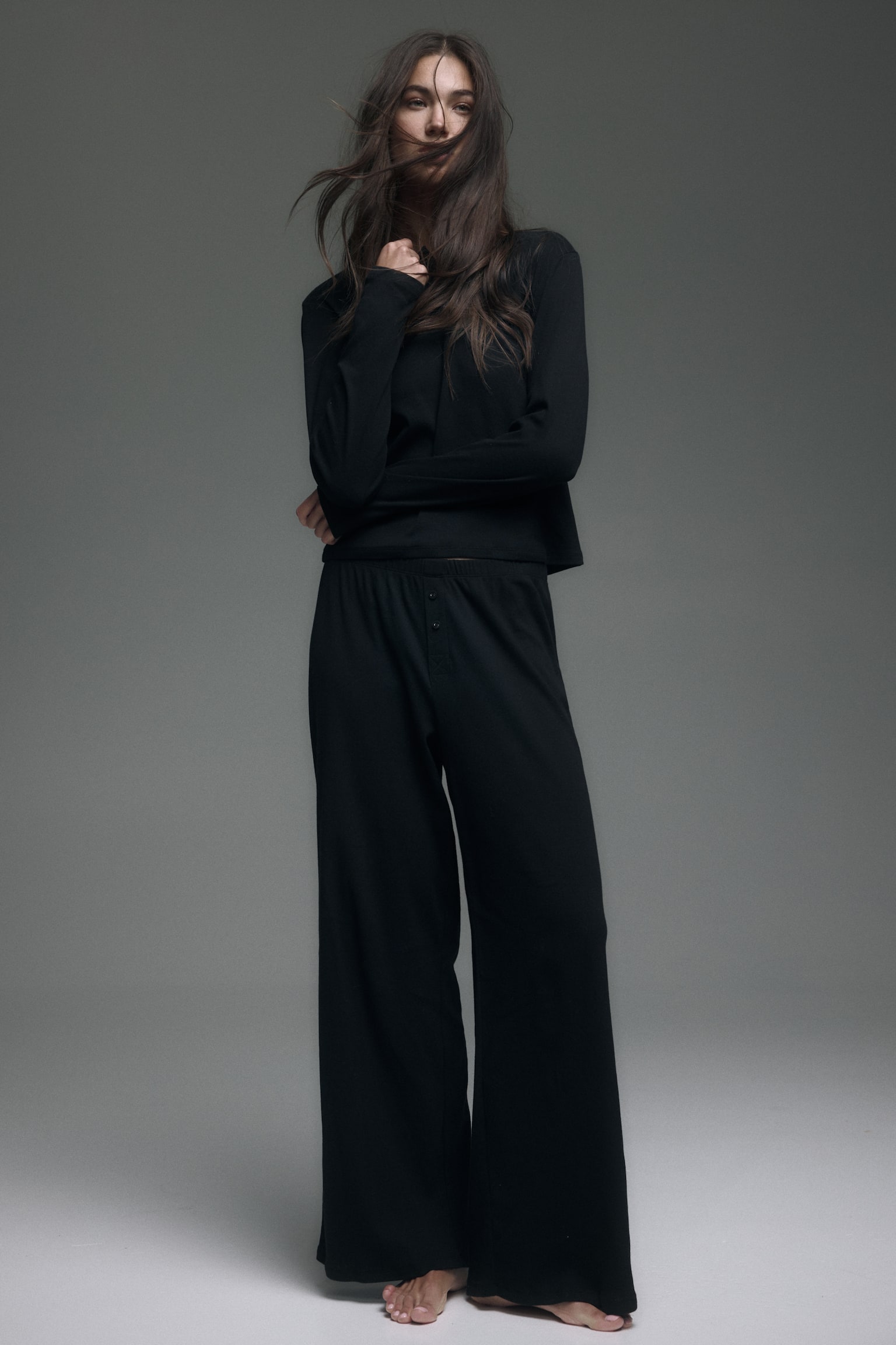 Pointelle-Knit Pajamas - Black/Light gray melange/floral - 3