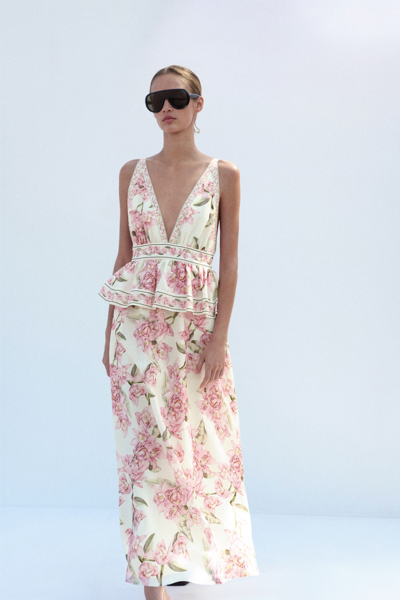 Linen-blend peplum dress - Cream/Floral - 1