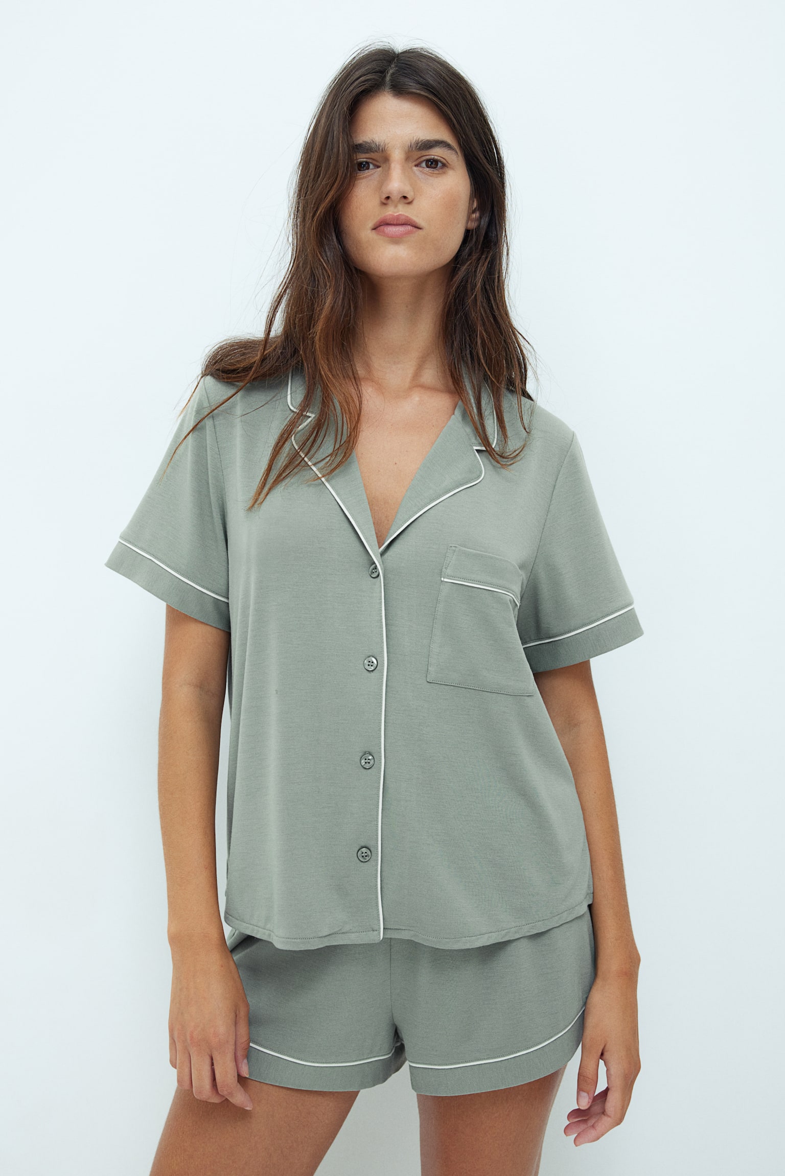 Pyjama Shirt & Shorts Set - Light khaki green/Black/Dusty blue - 5