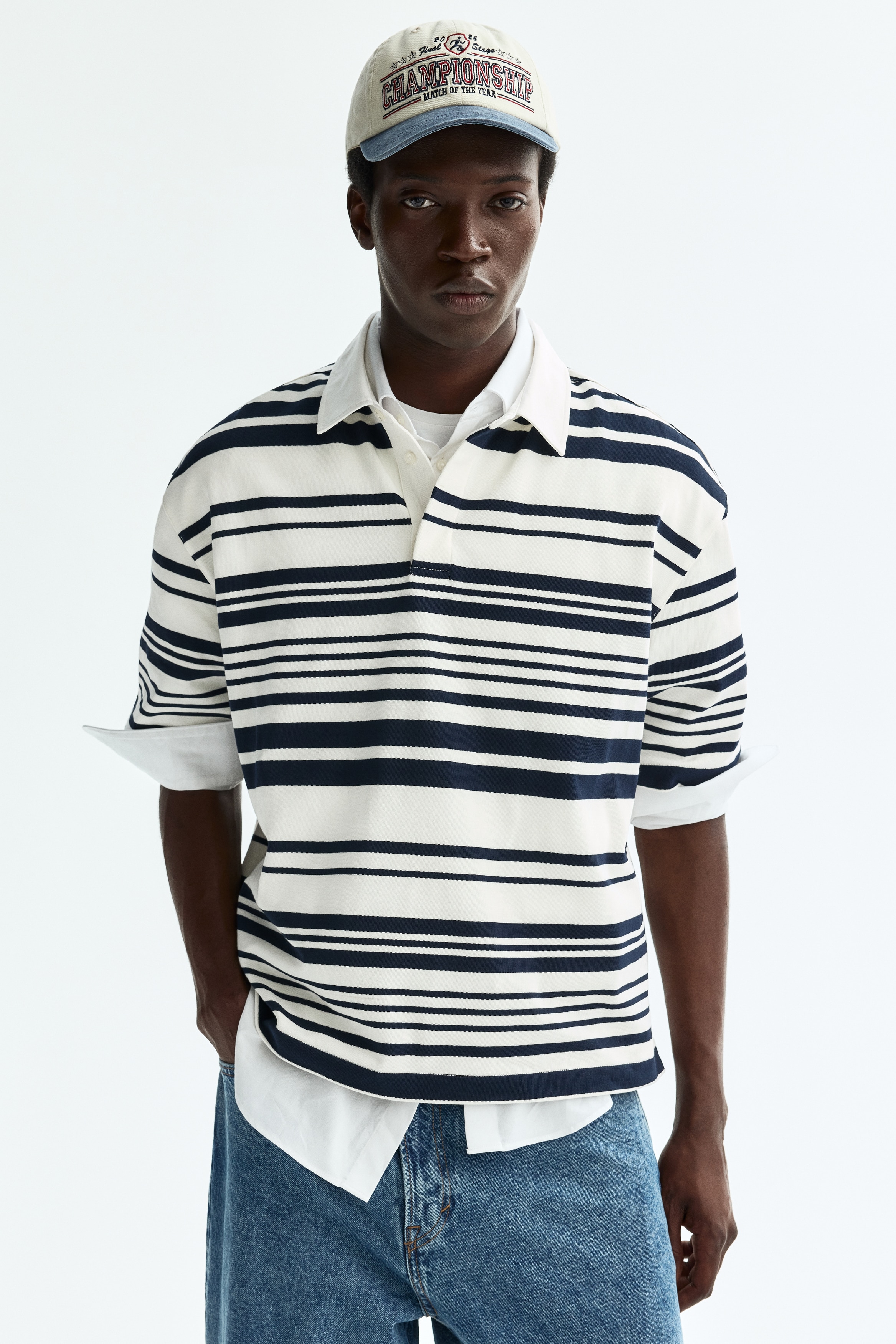 Loose-Fit Cotton Rugby Shirt - White/striped