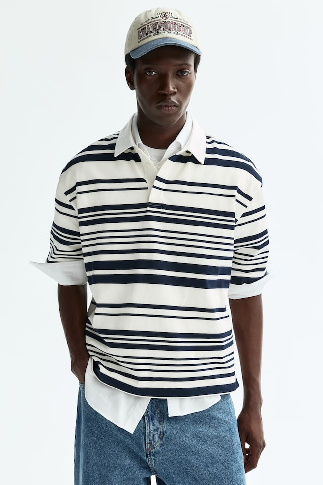 Loose-Fit Cotton Rugby Shirt - White/striped/Burgundy/striped - 2