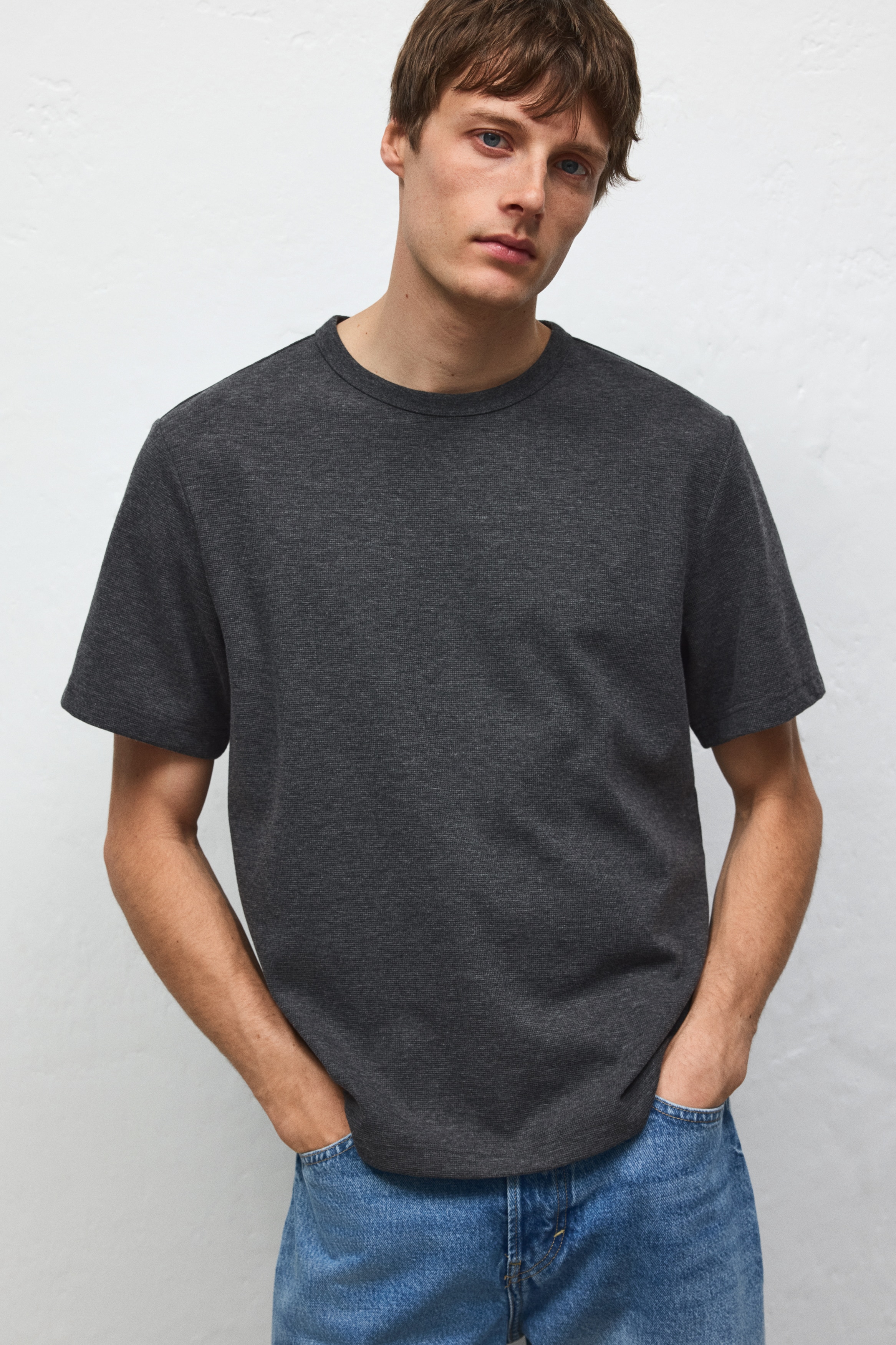 T-shirt van wafeltricot - Regular Fit - Donkergrijs/Donkerbruin/Roomwit/Lichtblauw/Wit