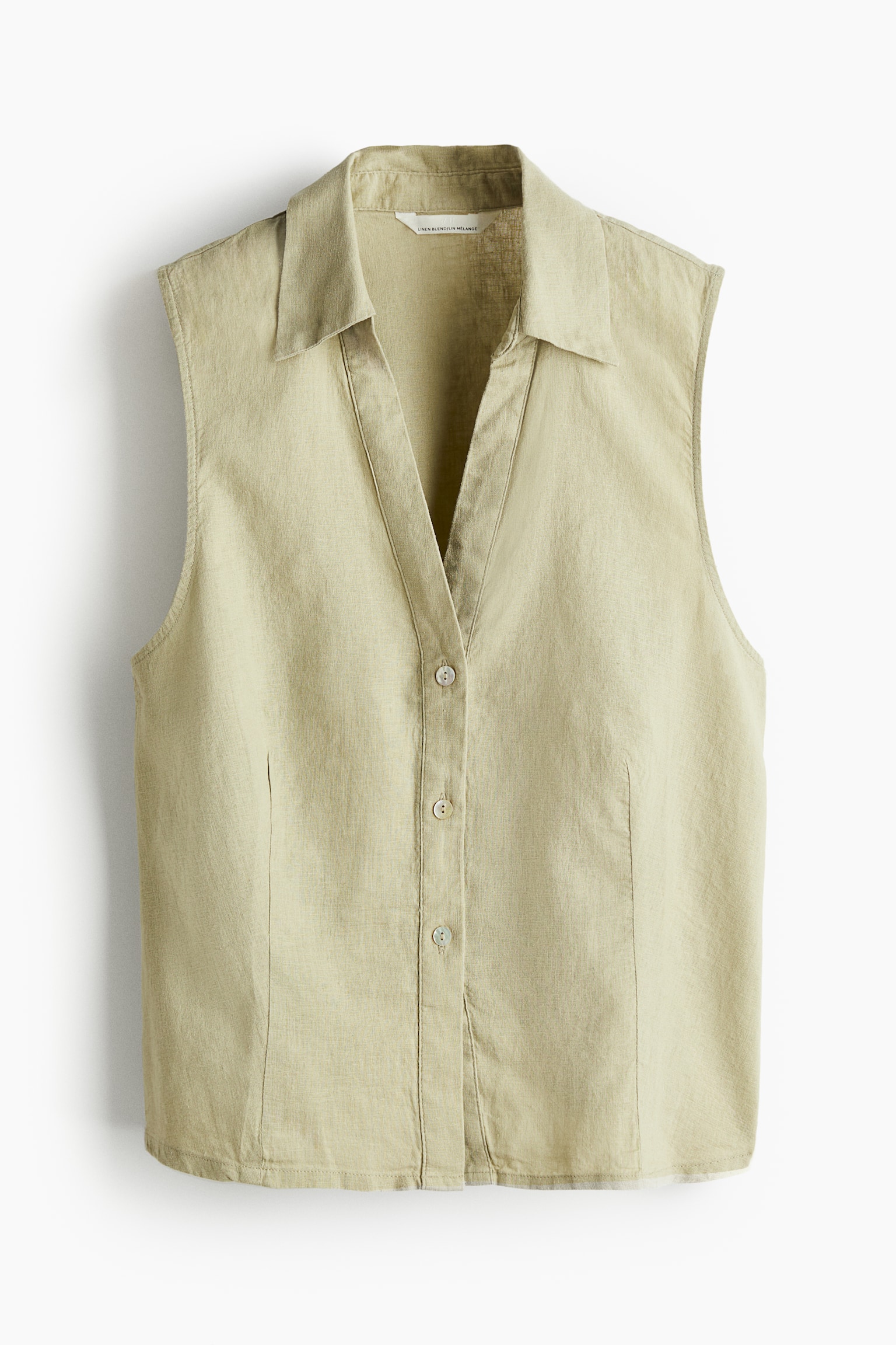 Sleeveless Linen Blend Shirt - Light khaki green/Black/White - 2