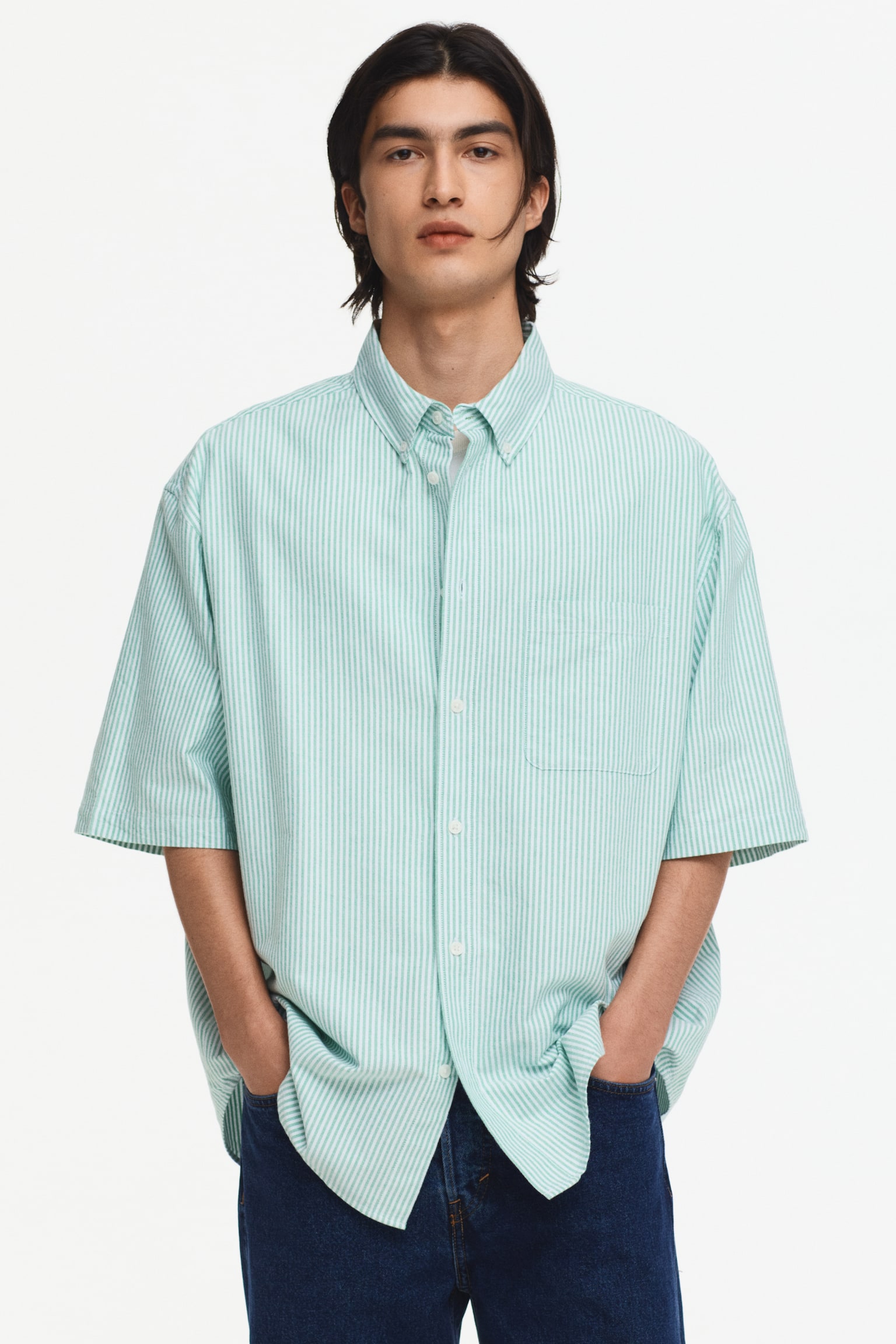 Relaxed Fit Short-sleeved Oxford shirt - Green/Striped/Dark blue/Dark green/White - 6