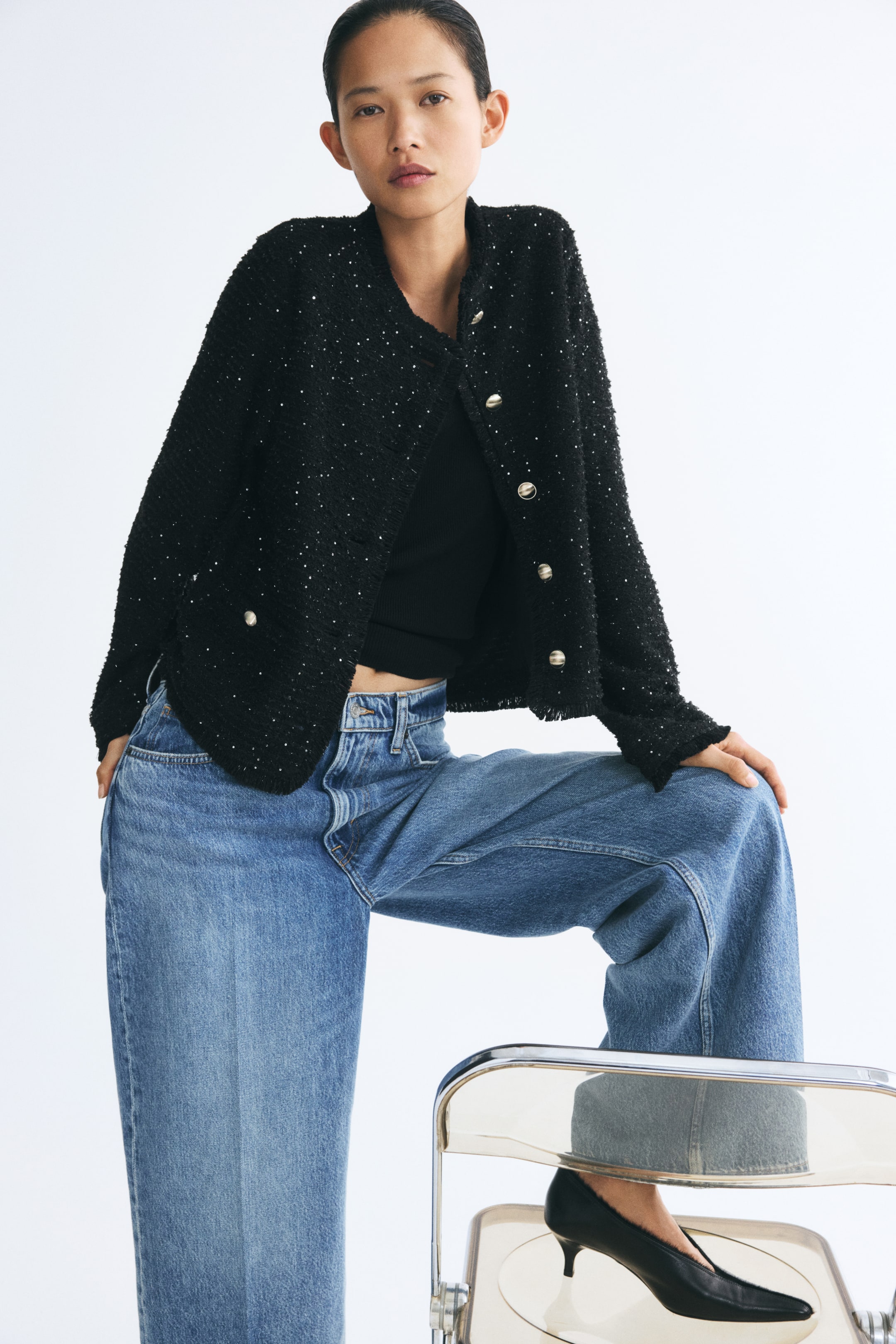 View larger image: Fringed bouclé-knit jacket - Black - Ladies | H&M 1
