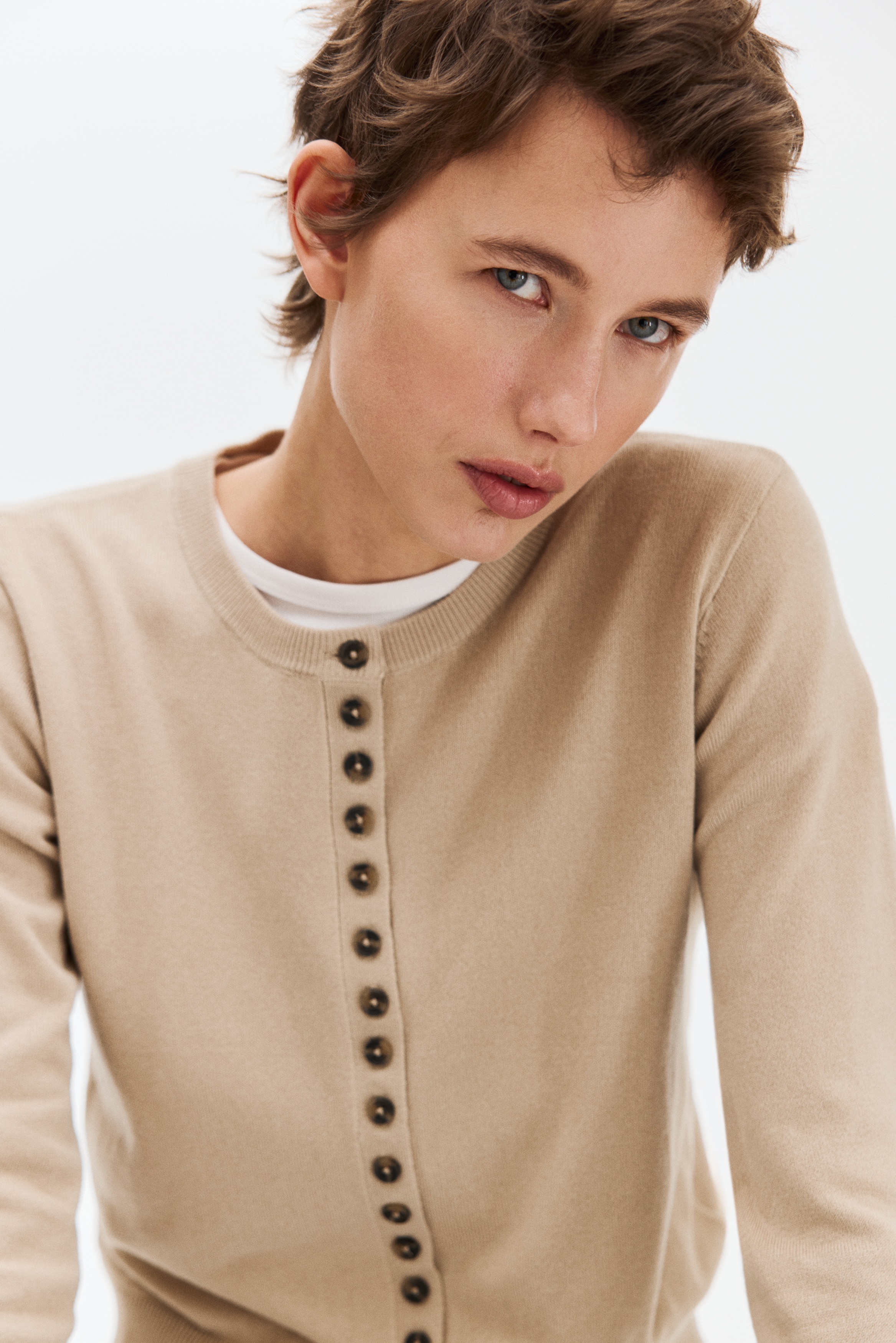Cardigan in maglia fine - Beige/Nero