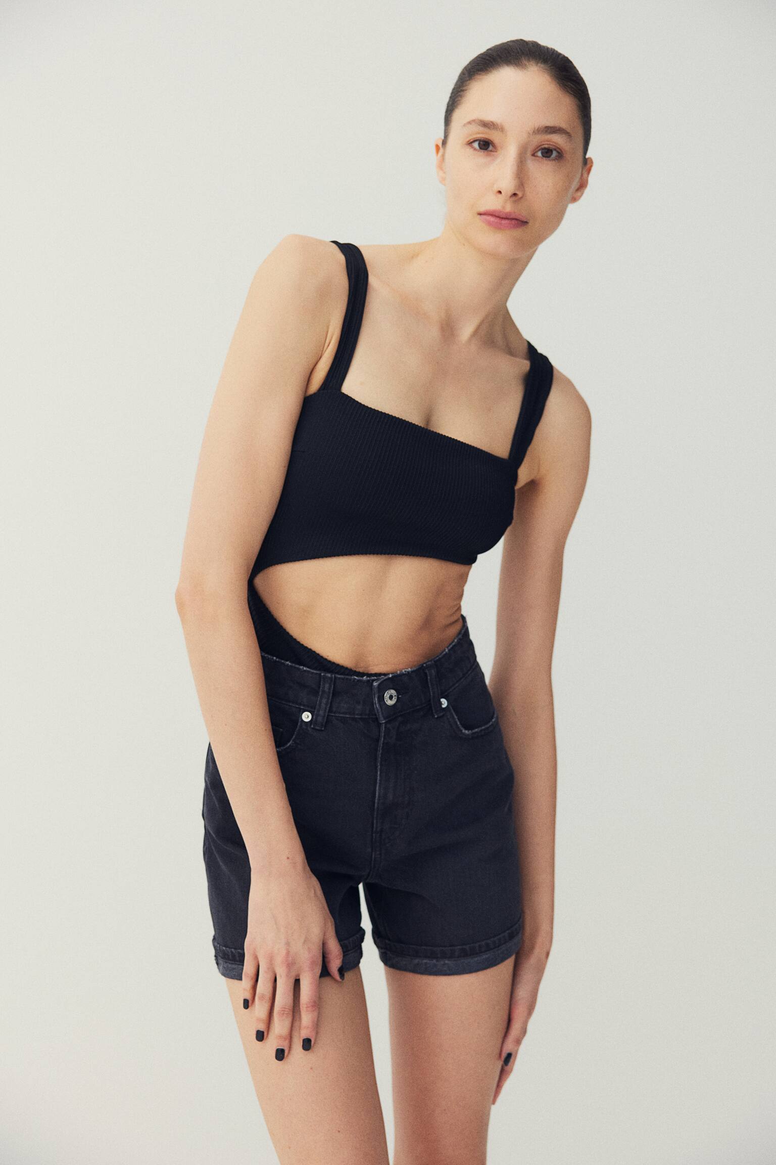 High denim shorts - Black/Washed out/Cream - 2