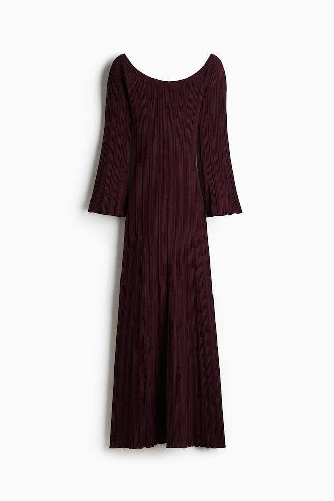 A calf-length, fitted burgundy dress in ribbed jersey is displaying an off-the-shoulder neckline, long sleeves with gently flared cuffs, and a gently flared hem. - 1