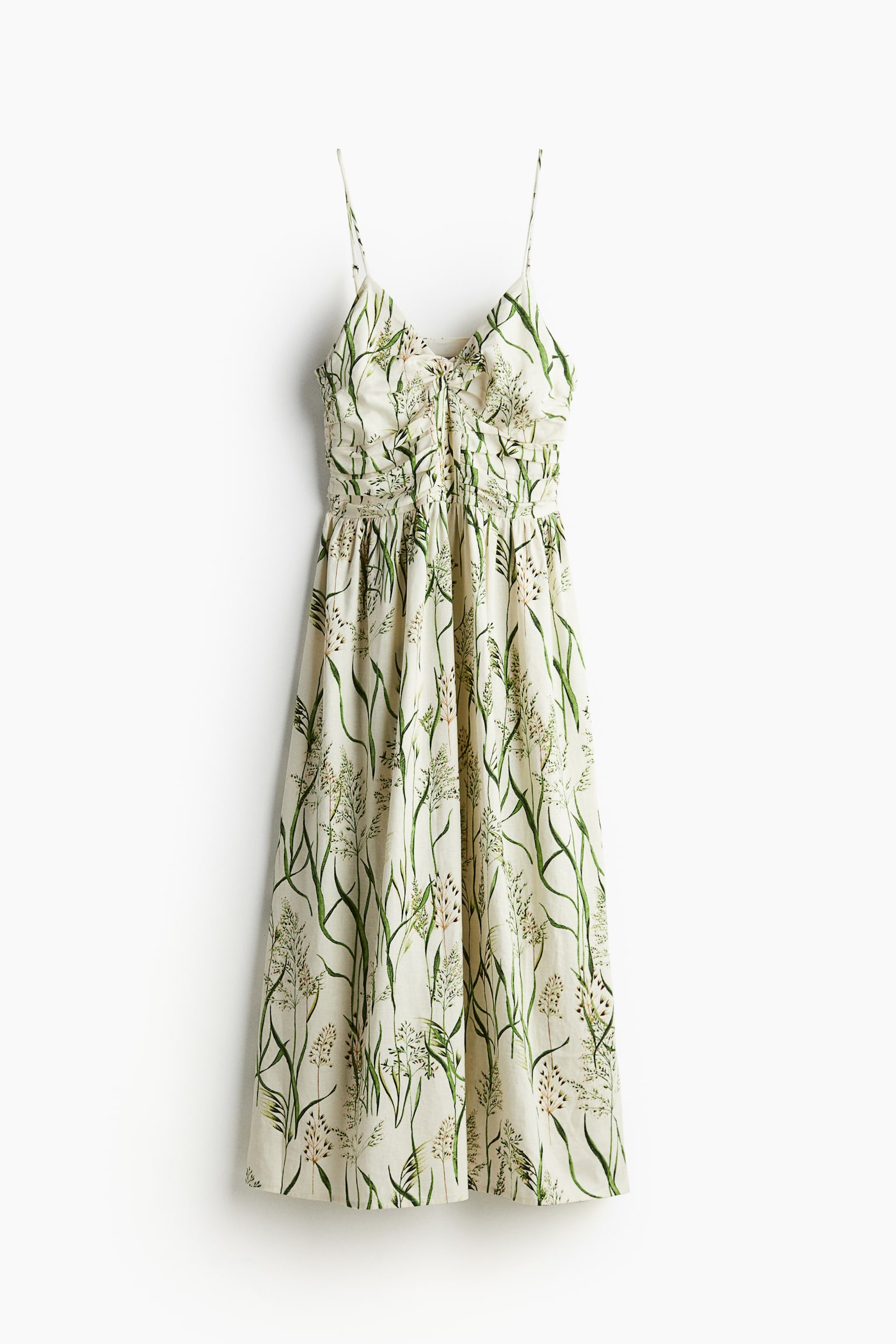 Linen Blend Strappy Dress - Cream/Green pattern/White - 2