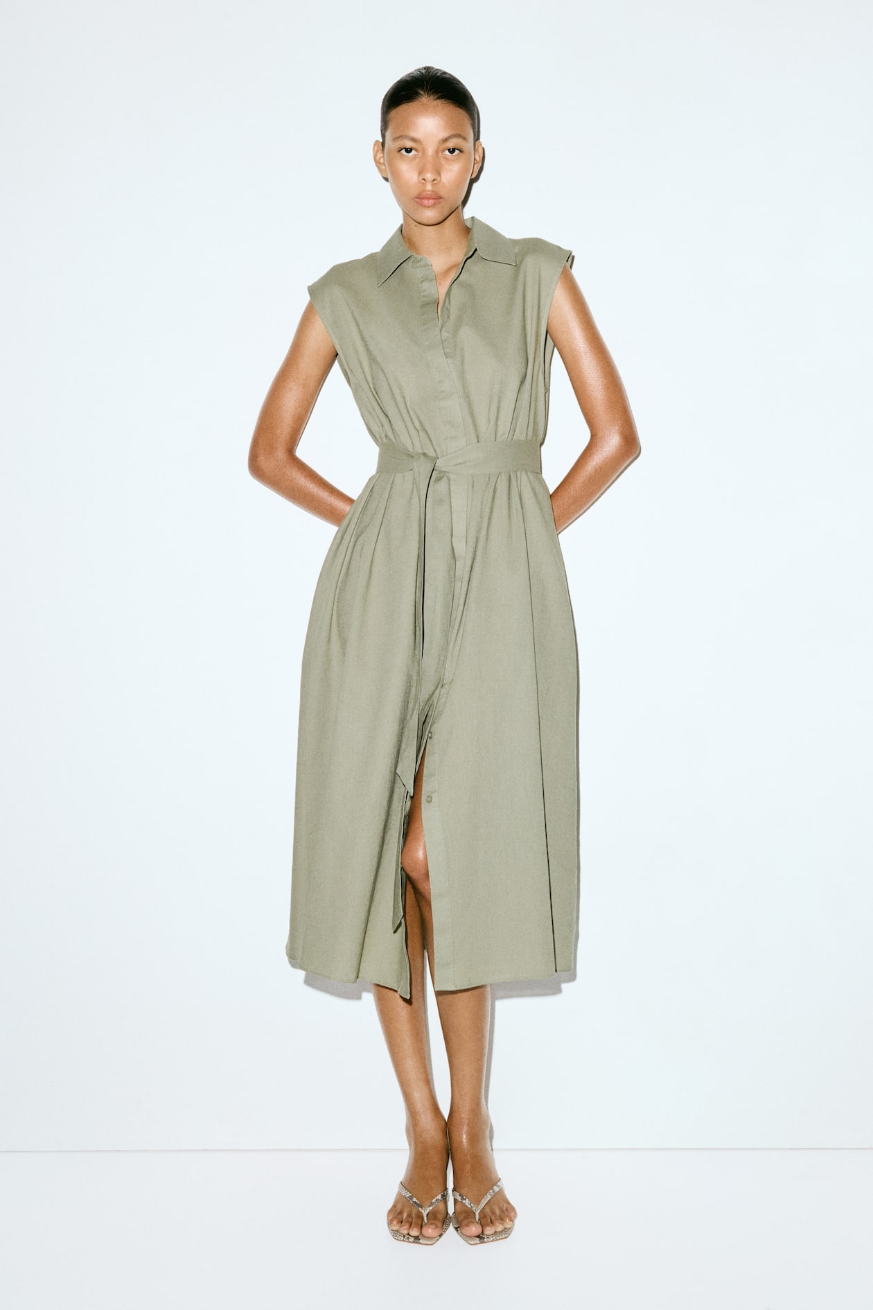 Khaki Green Linen Blend Ruched Midi Dress