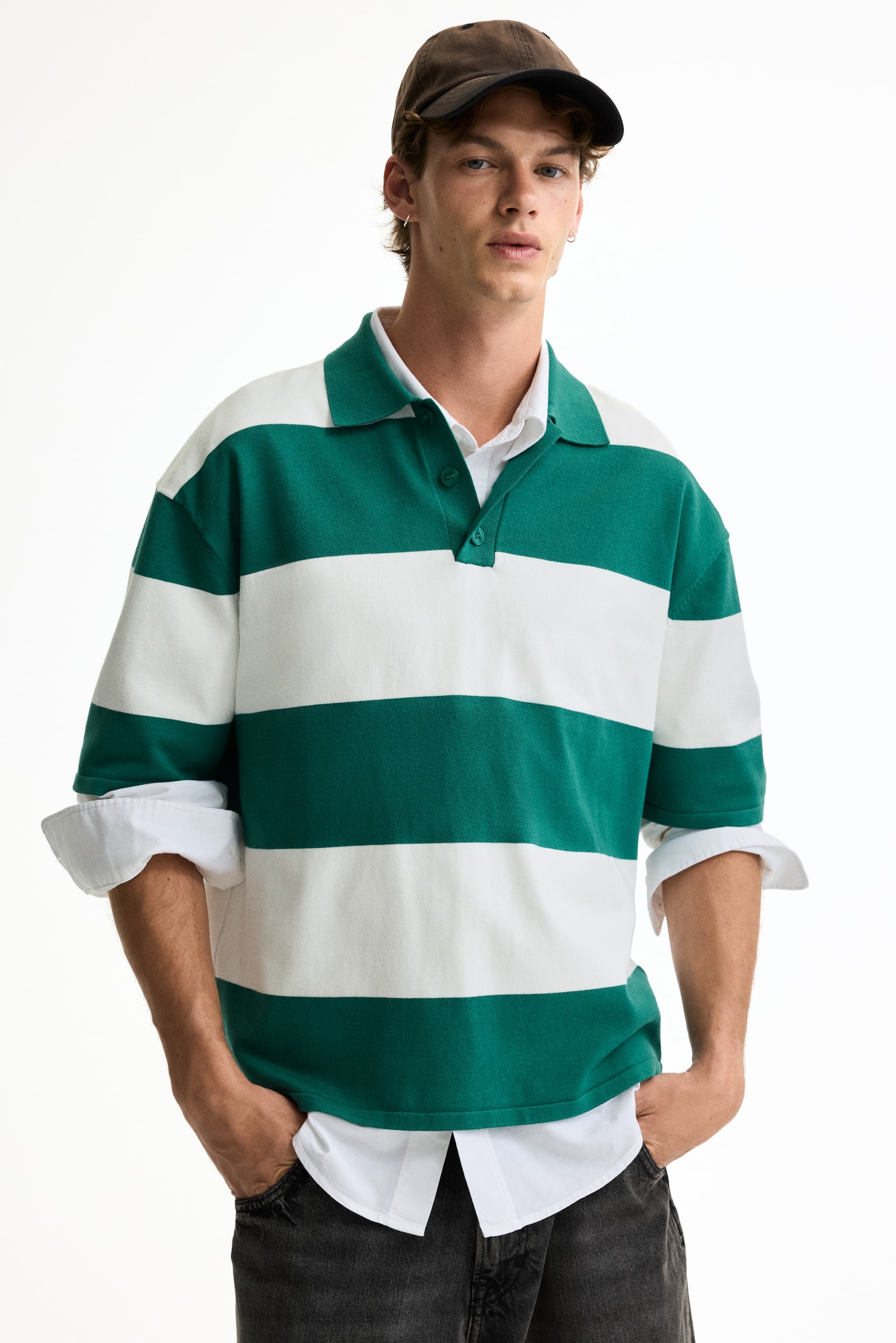 Loose-Fit Polo Shirt - Green/striped/Black/white striped/Ivory/color block/Black/color block - 1