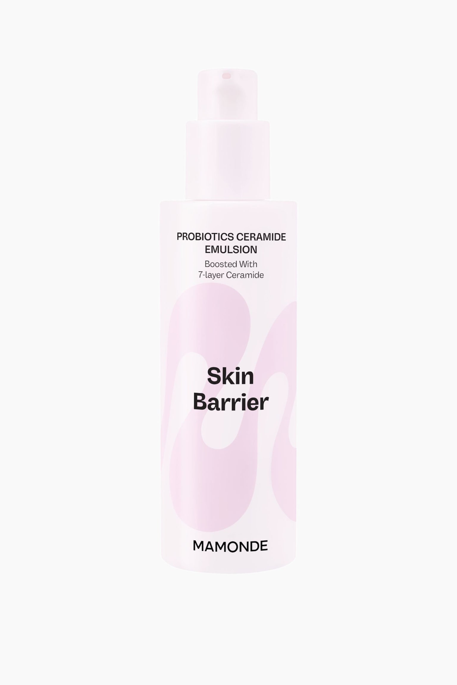 Flasken med Skin Barrier Probiotics Ceramide Emulsion stÃ¥r oprejst og vender fremad og fremhÃ¦ver en lyserosa cylindrisk krop med en matchende pumpedispenser. Flasken viser sort tekst med ordene "PROBIOTICS CERAMIDE EMULSION", "Skin Barrier" og "MAMONDE" over en abstrakt, bÃ¸lgende pink grafik. - 1