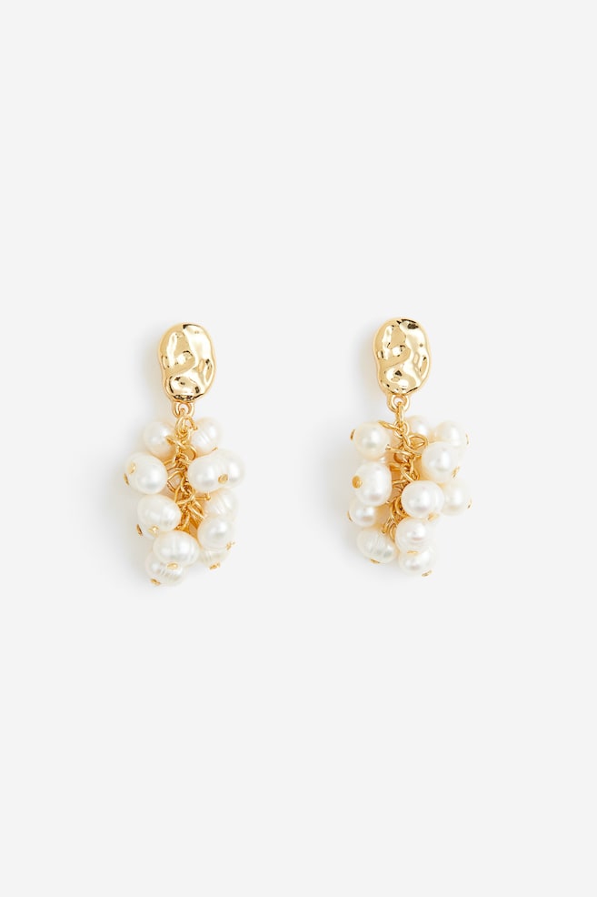 Gold-plated pendant earrings - Gold-coloured/White - 4