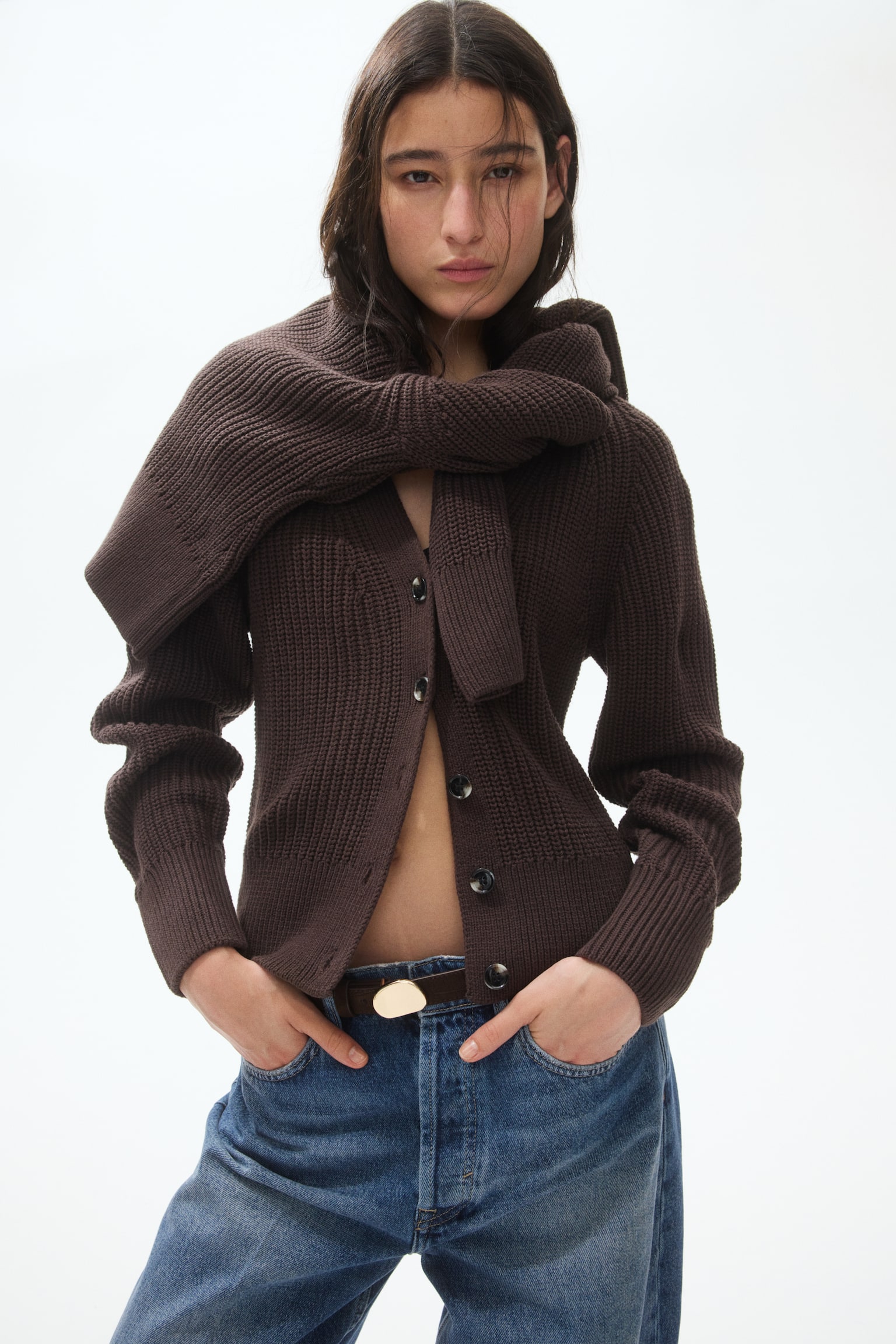 Rib Knit Cardigan - Dark brown/Cream - 1