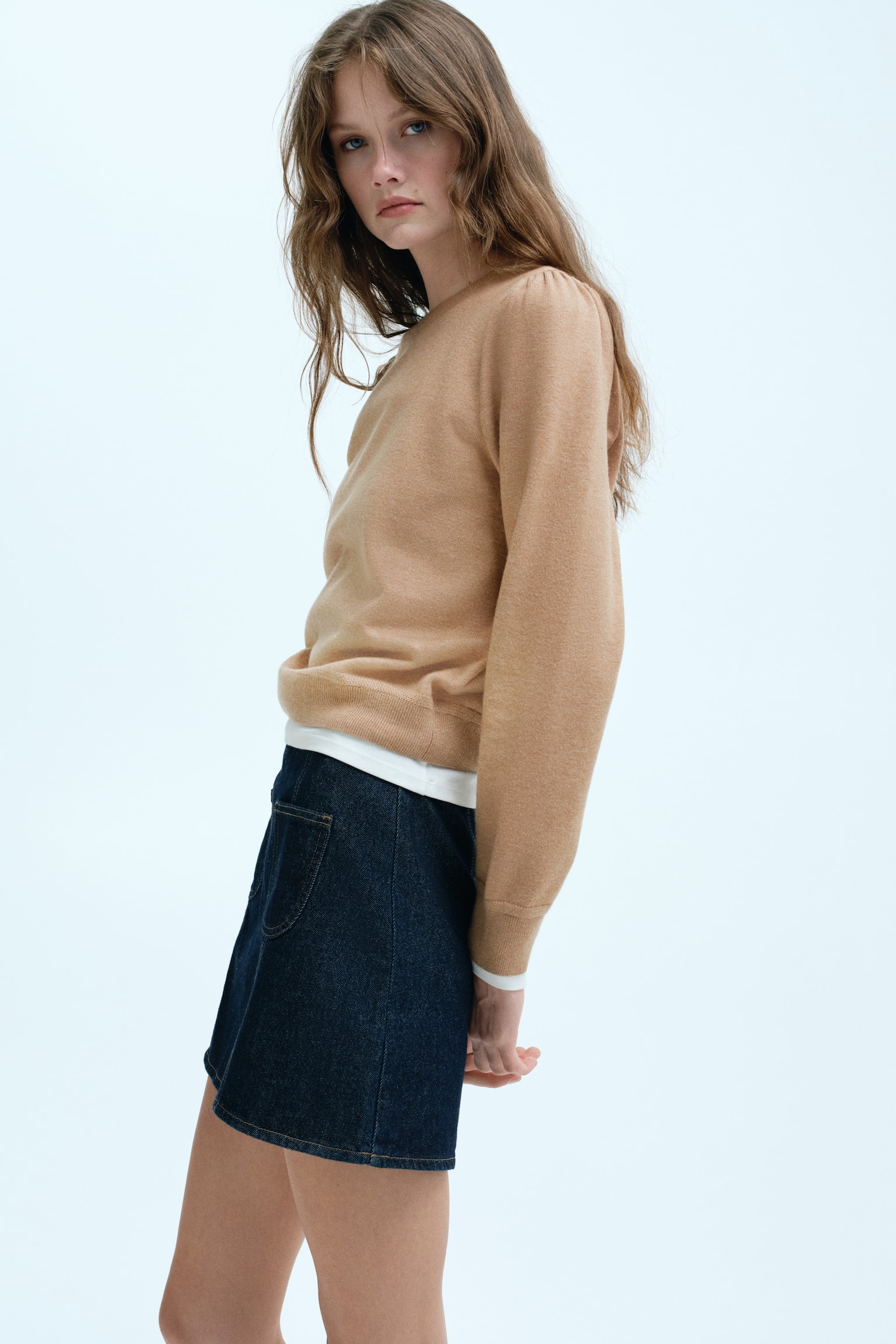 Puff-sleeved jumper - Dark beige/Navy blue/Light beige/Light coral pink - 6