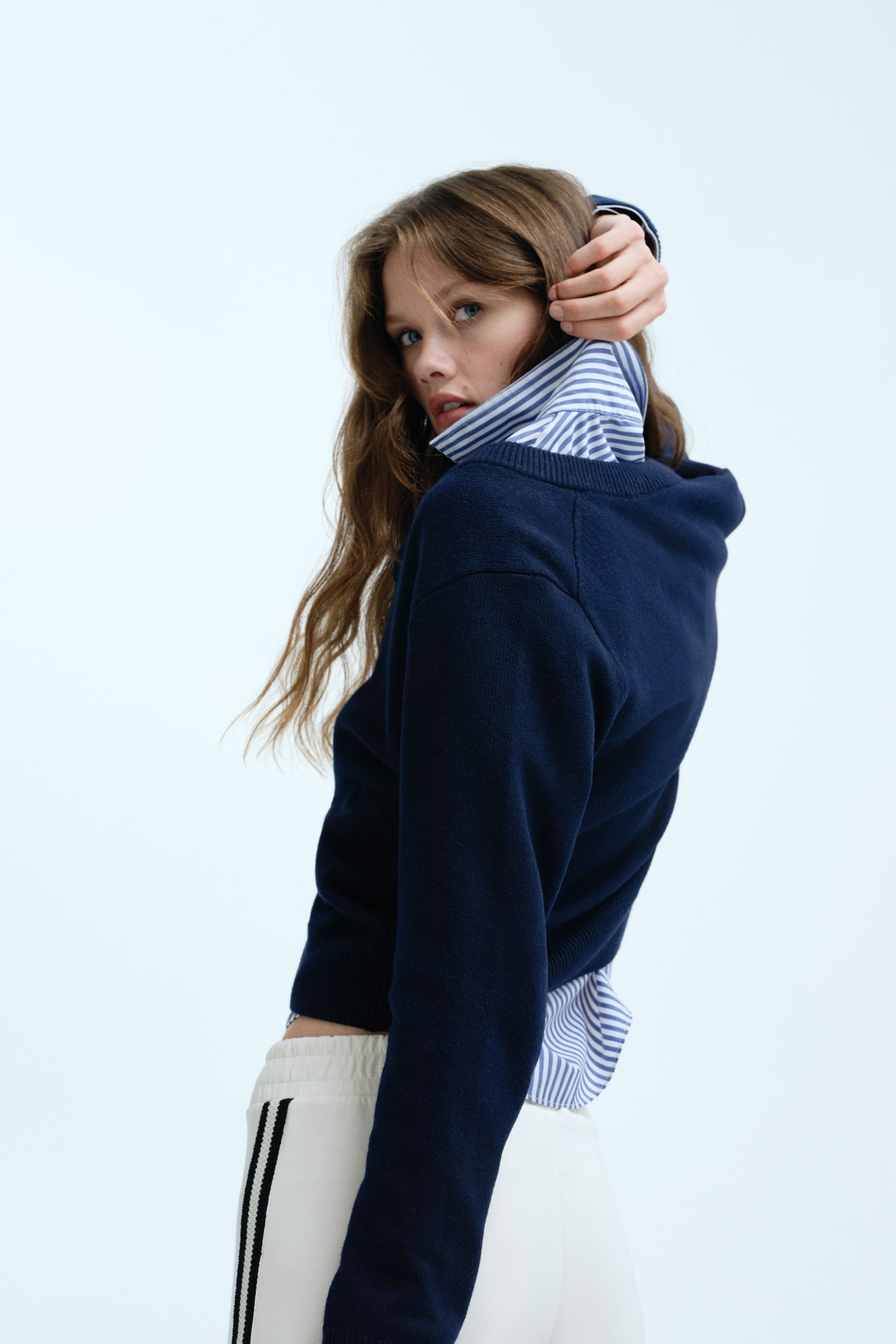 Cardigan in maglia fine - Blu navy/Beige chiaro - 5