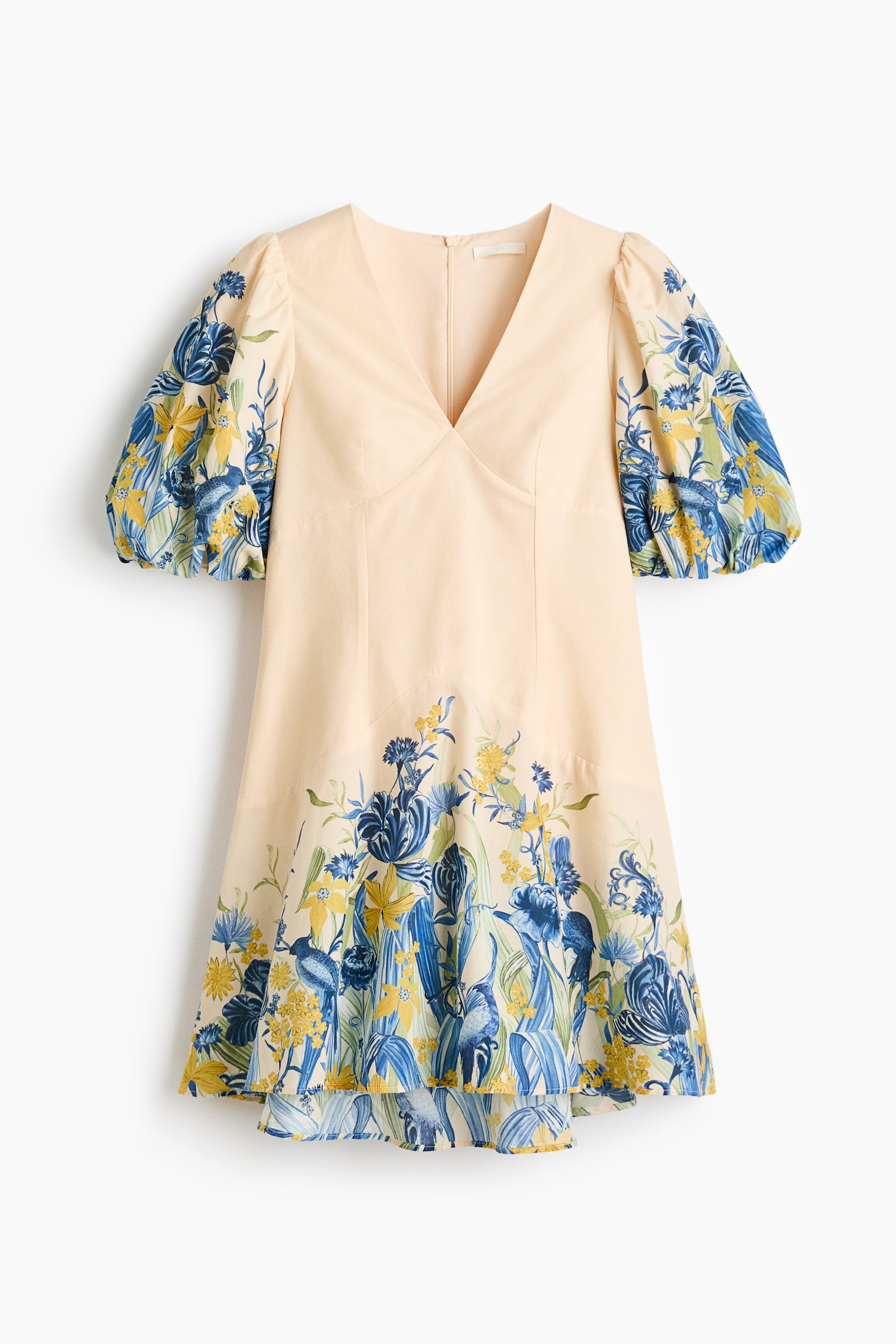 Balloon-Sleeved Cotton Dress - Pale yellow/blue floral/Navy blue