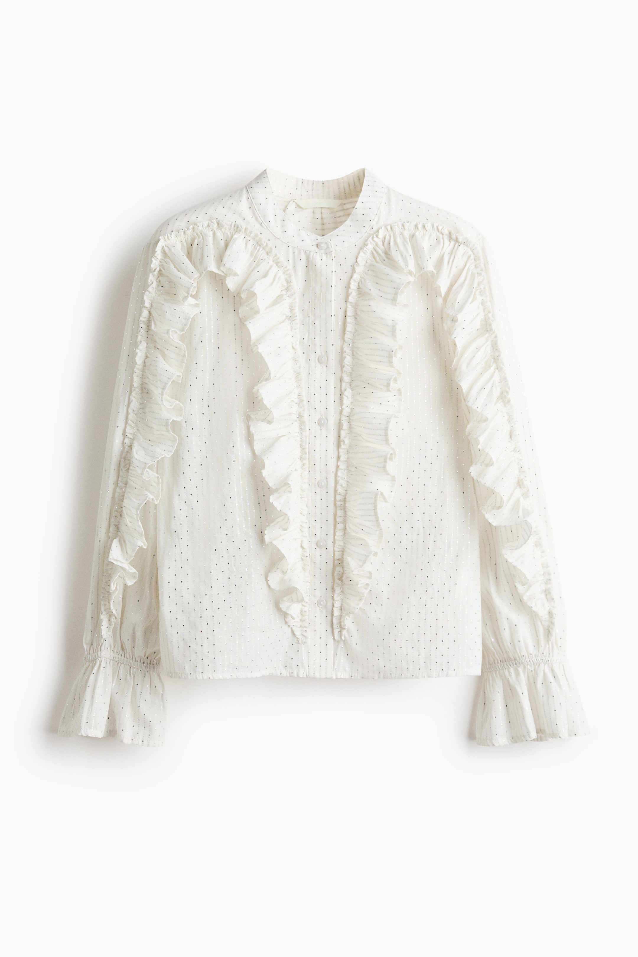 Visualizza immagine più grande: Una blusa bianca viene presentata FRONT, caratterizzata da un colletto a fascia e una completa abbottonatura fiancheggiata da rouches verticali che si estendono lungo le maniche lunghe. Le maniche finiscono con polsini arricciati, e il tessuto è adornato con piccoli punti metallici e sottili righe verticali.