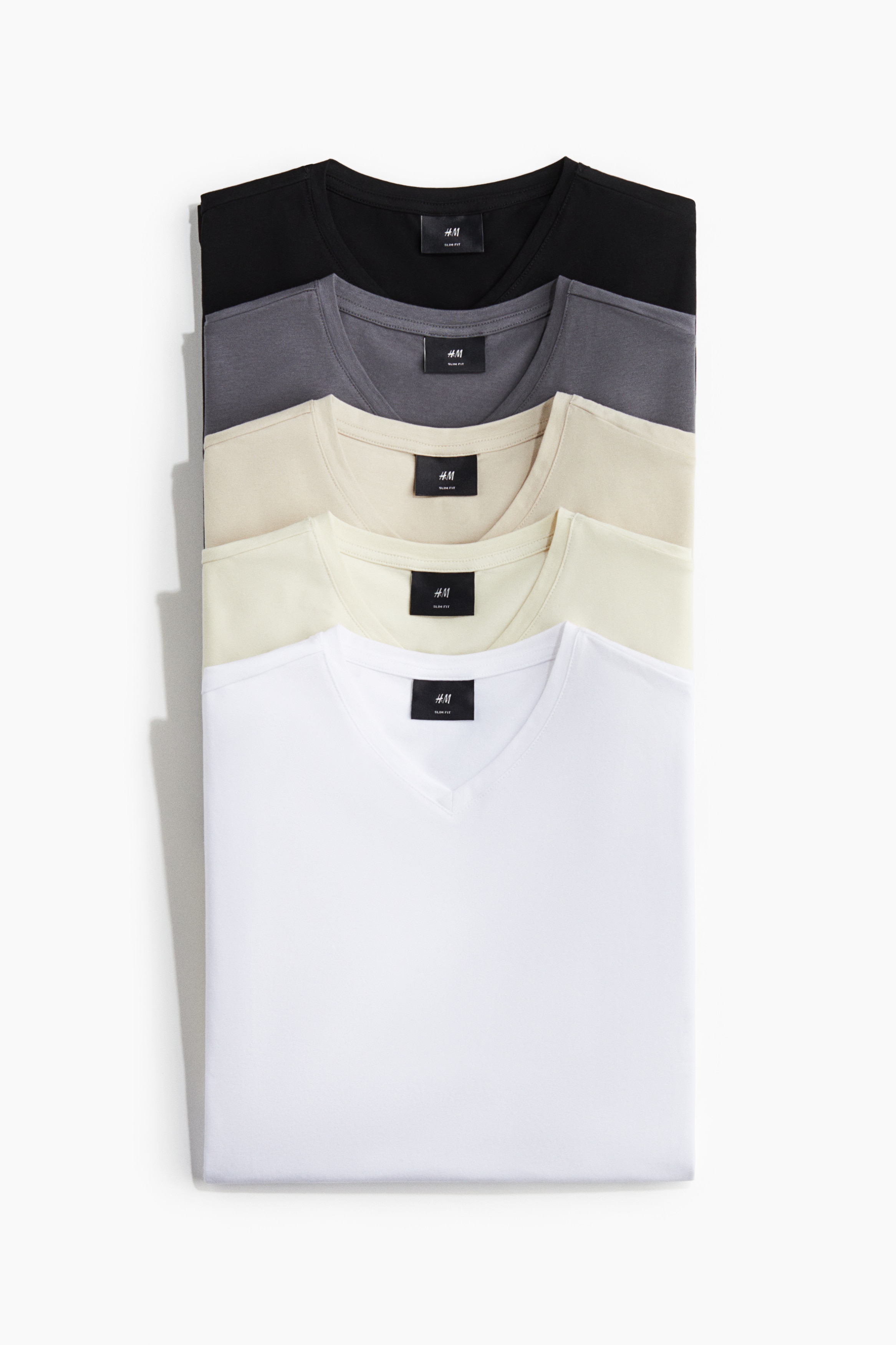 5-pack Slim Fit V-neck T-shirts - White/Yellow/Light beige/Light blue/White