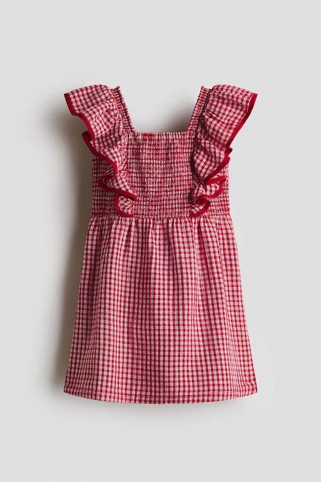 Smocked Flounce-Trimmed Dress - Red/checked - 1