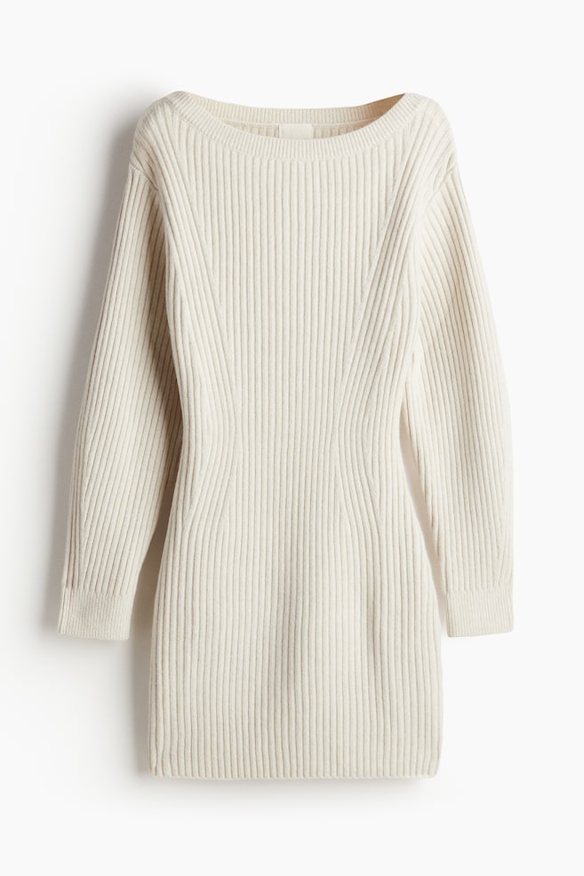Robe à encolure bateau en maille côtelée - Crème/Noir/Gris chiné - 1