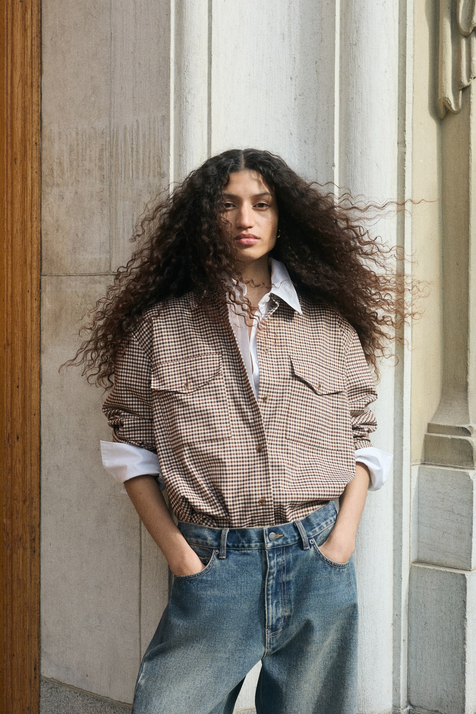 Oversized flannel shirt - Light beige/Gingham check - 1