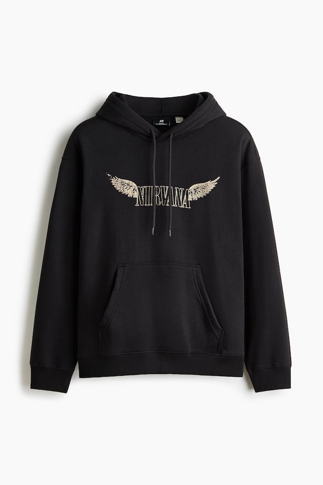 Bedruckter Hoodie in Loose Fit - Schwarz/Nirvana - 1