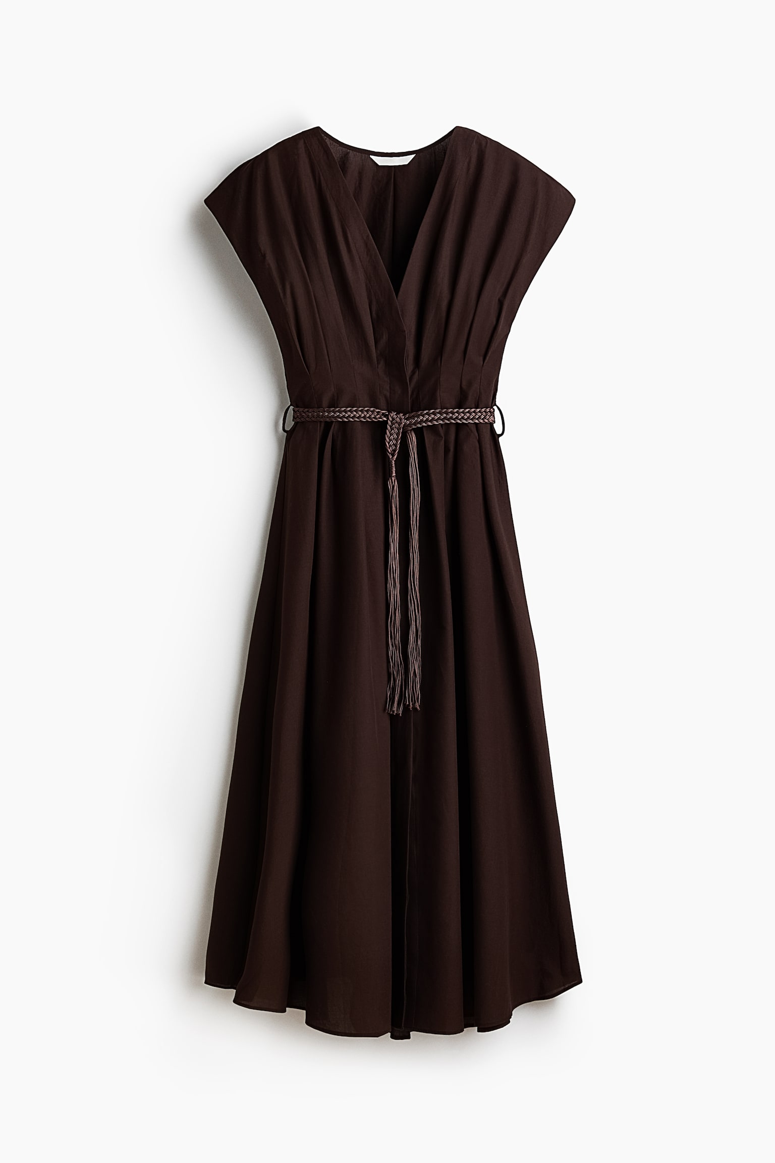 Cotton Dress with Belt - Dark brown/White - 1