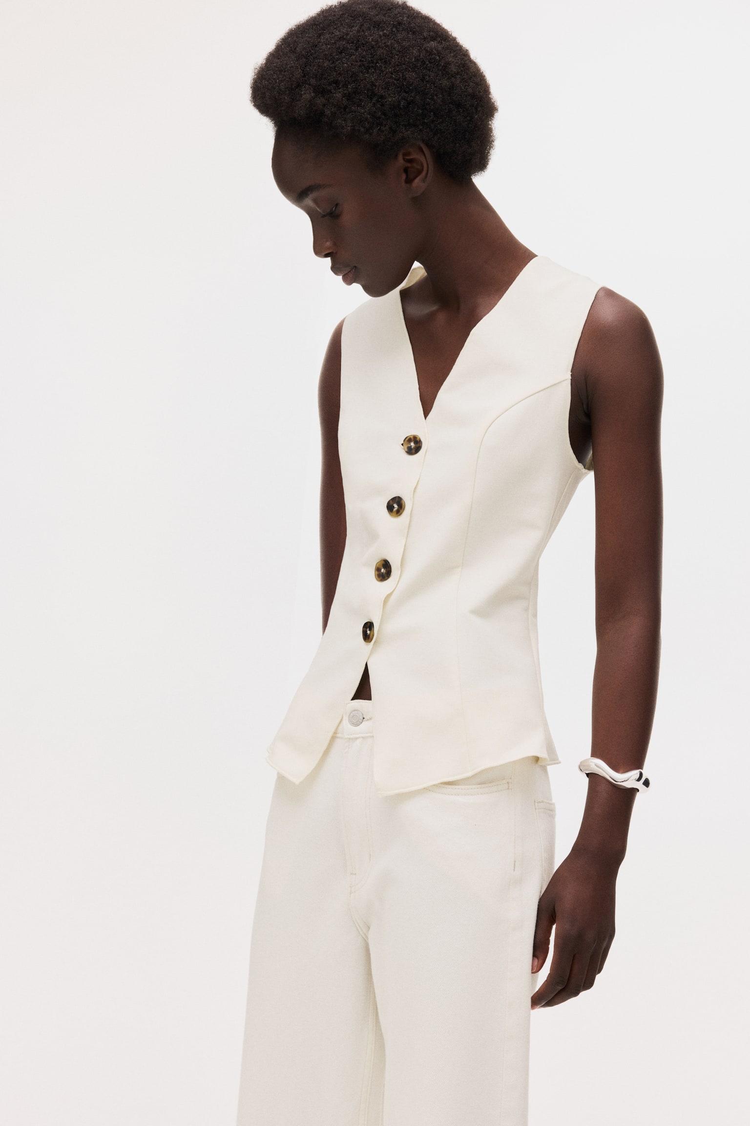 Jersey waistcoat - Cream/Dark brown - 1