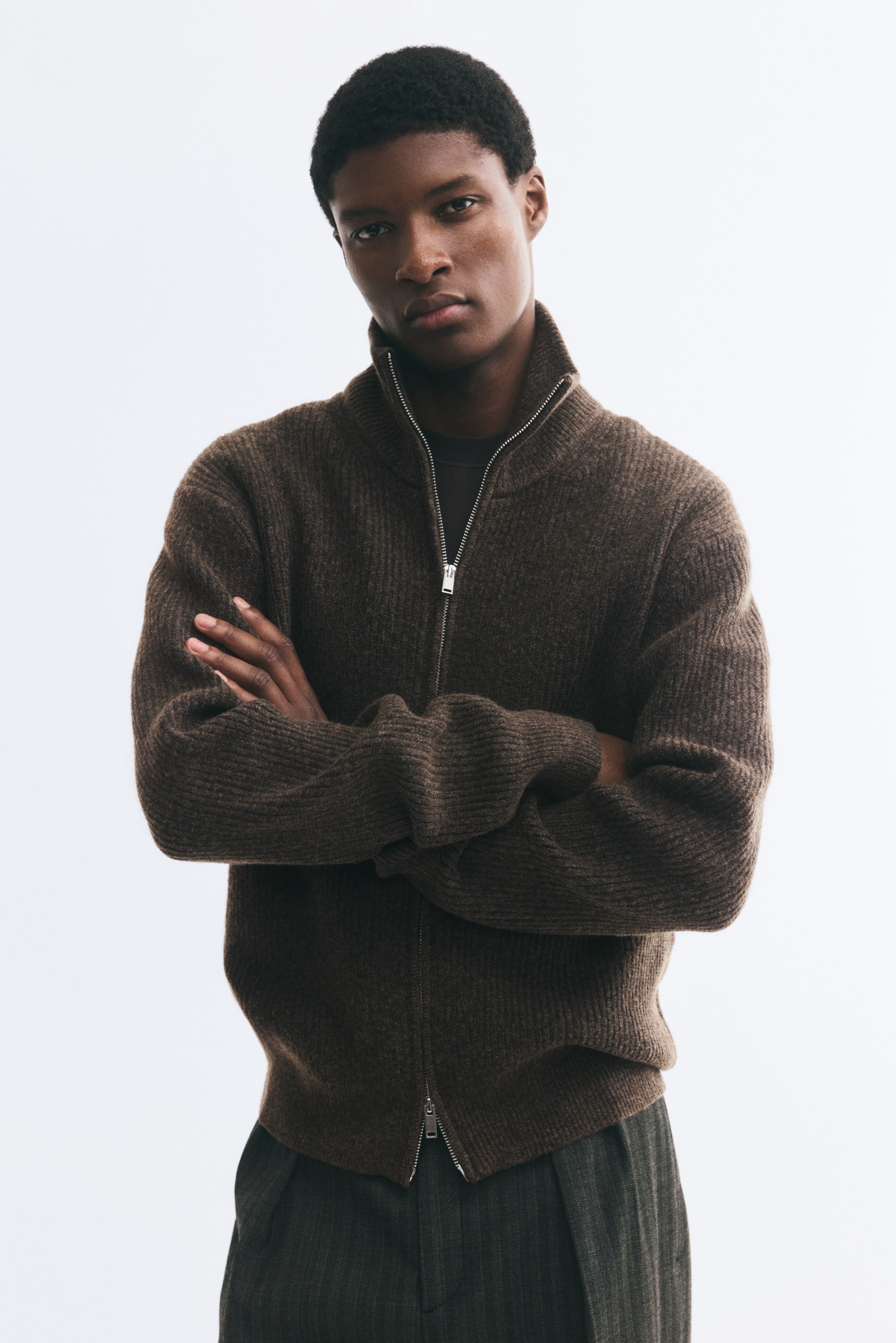 View larger image: Regular Fit Rib-knit zip-though cardigan - Dark brown marl - Men | H&M GB 1