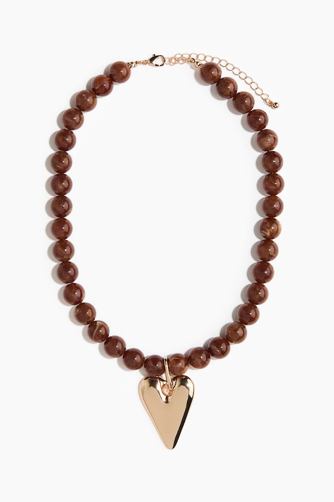 Collier avec perles fantaisie - Marron foncé/cœur - 1