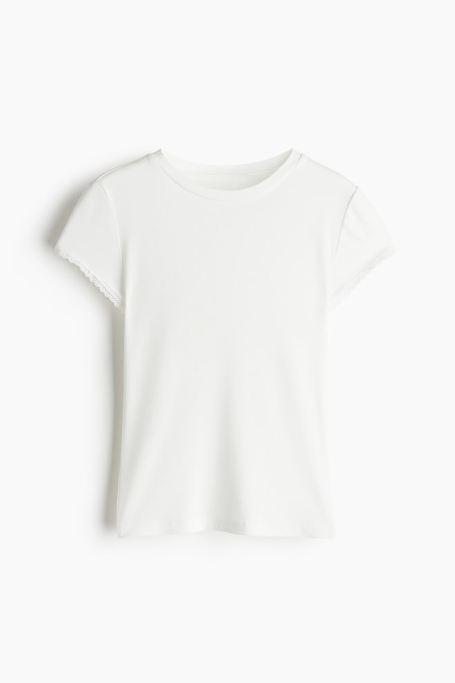 Lace-Trimmed Ribbed T-Shirt - Cream/Black - 1