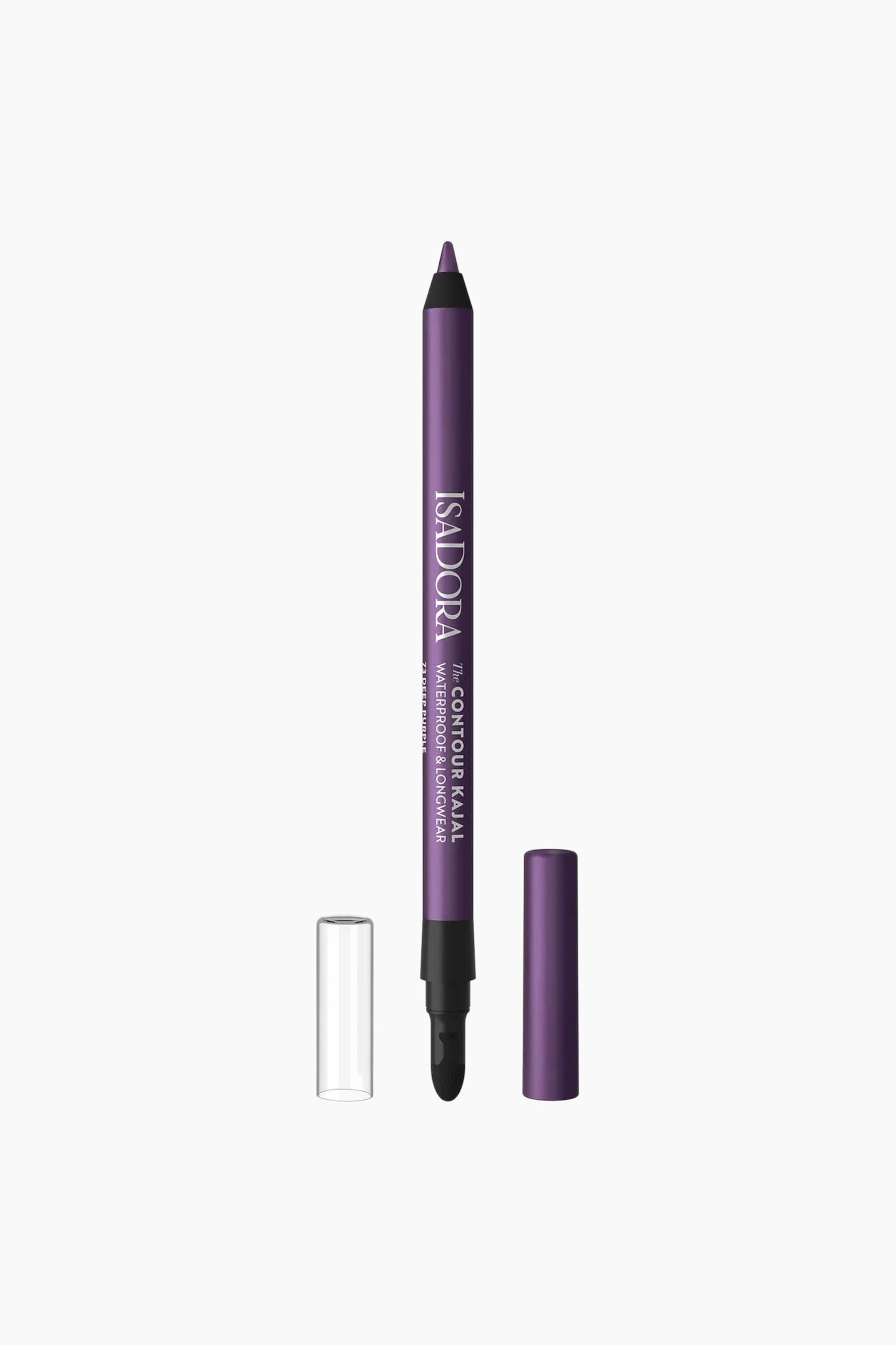 Visa större bild: Contour Kajal står lodrätt och visar en metalliskt lila kropp med vit text, en vässad lila eyeliner-spets och en svart smudger-applikator i botten. Ett genomskinligt cylindriskt lock står till vänster och ett matchande metalliskt lila lock står till höger.