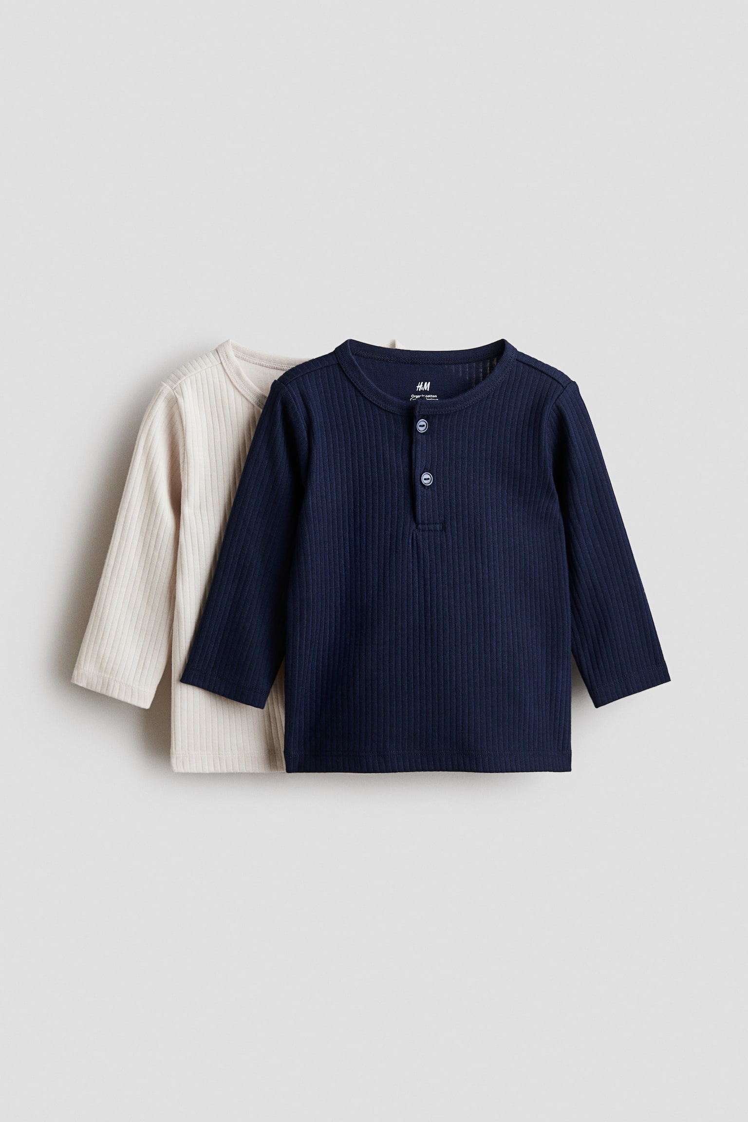 2-pack cotton Henley tops - Beige clair/marine