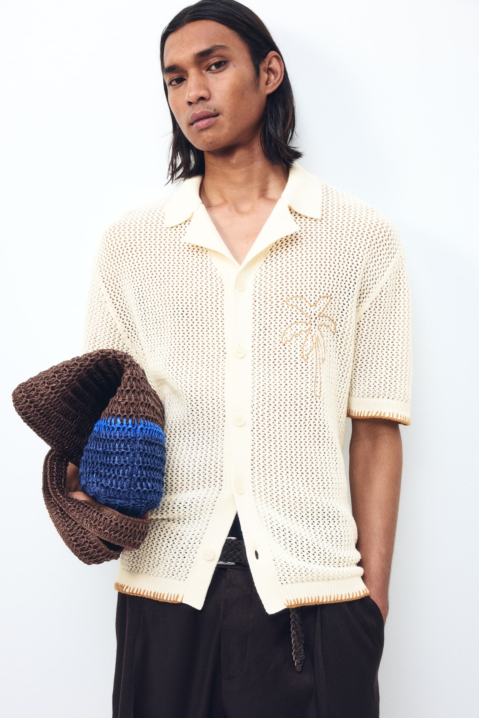 Relaxed Fit Hole-knit resort shirt - Cream/Palm tree/Navy blue/Palm tree - 1