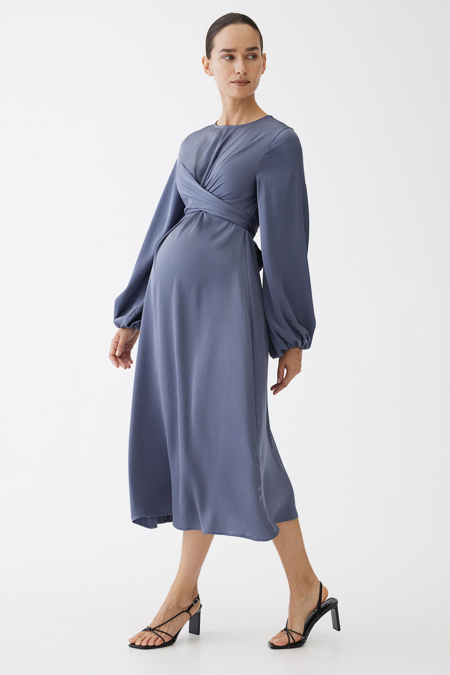 MAMA Balloon-sleeved satin dress - Pigeon blue/Black/Cream - 1