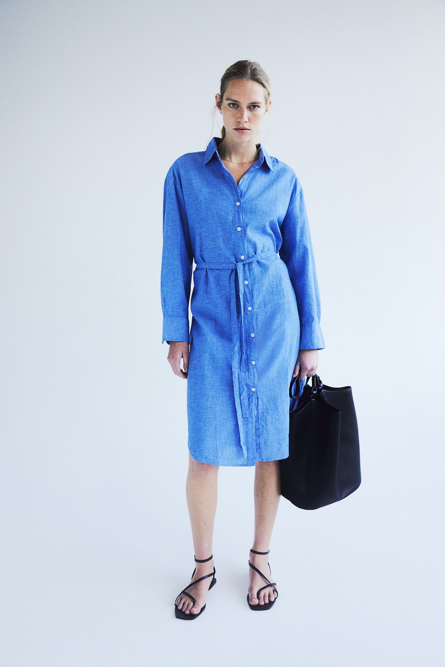 Linen Blend Shirt Dress - Blue/Blue/Stripe - 3