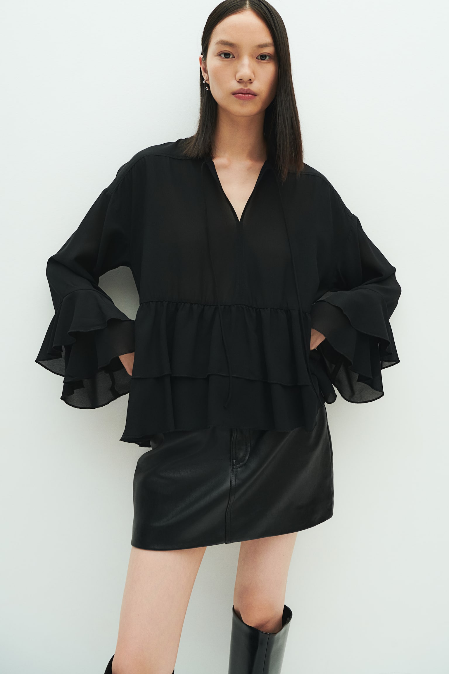 Flounced chiffon blouse - Black/Cream/Floral/Apricot - 3